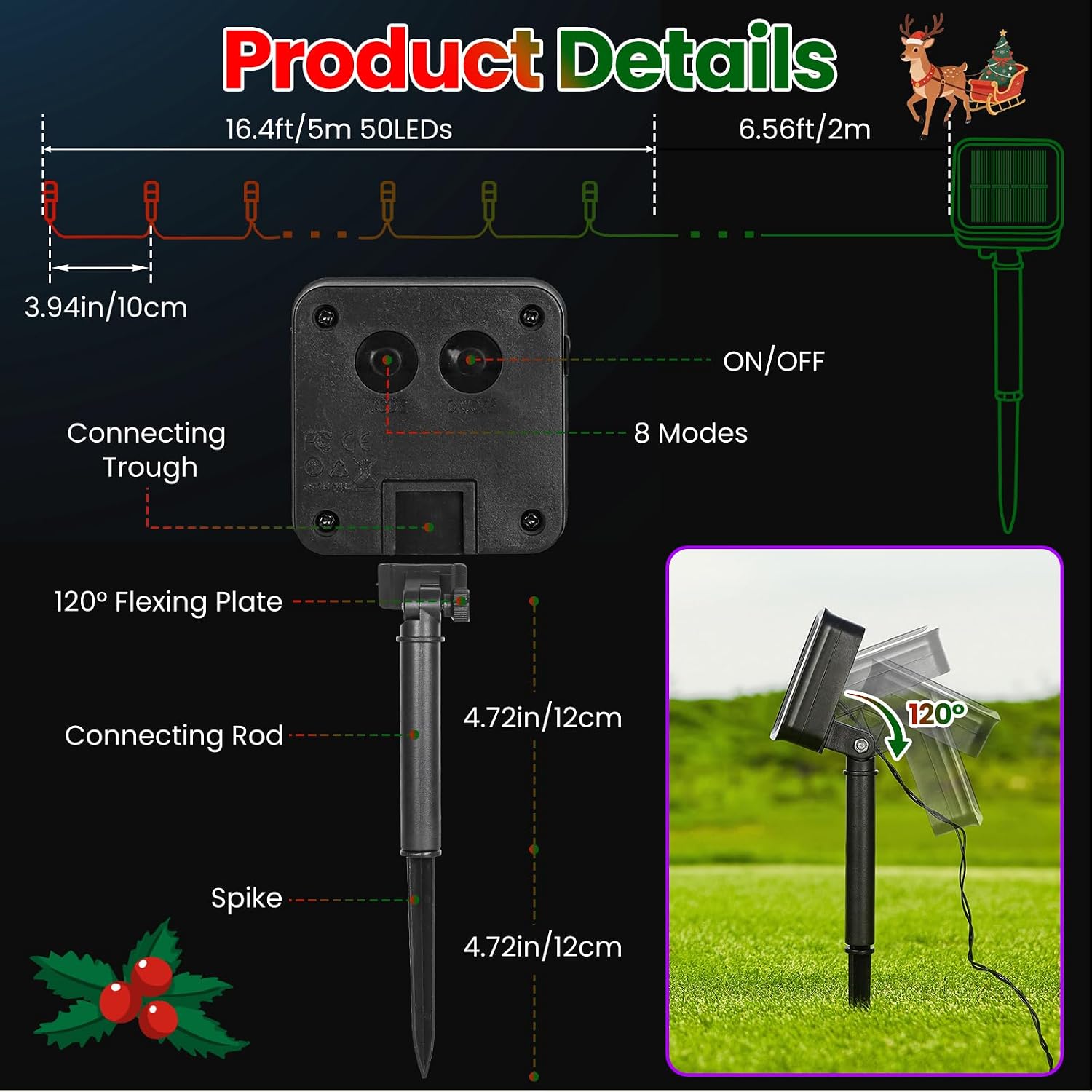 Detalle 1 de Moettany 5HLB-2-TYN Solar Christmas String Lights, 100 LEDs, 8 Modes