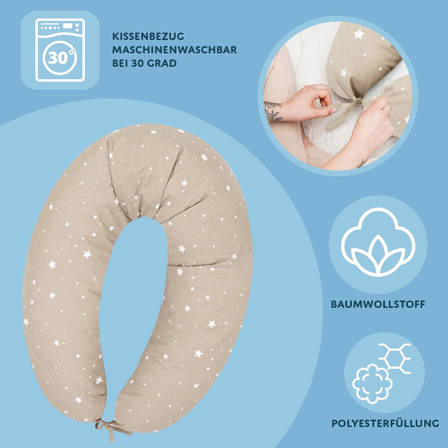Detalle de Cuscino di sostegno 190 cm – posizionamento per adulti, beige con stelle bianche, fodera sfoderabile OEKO-TEX