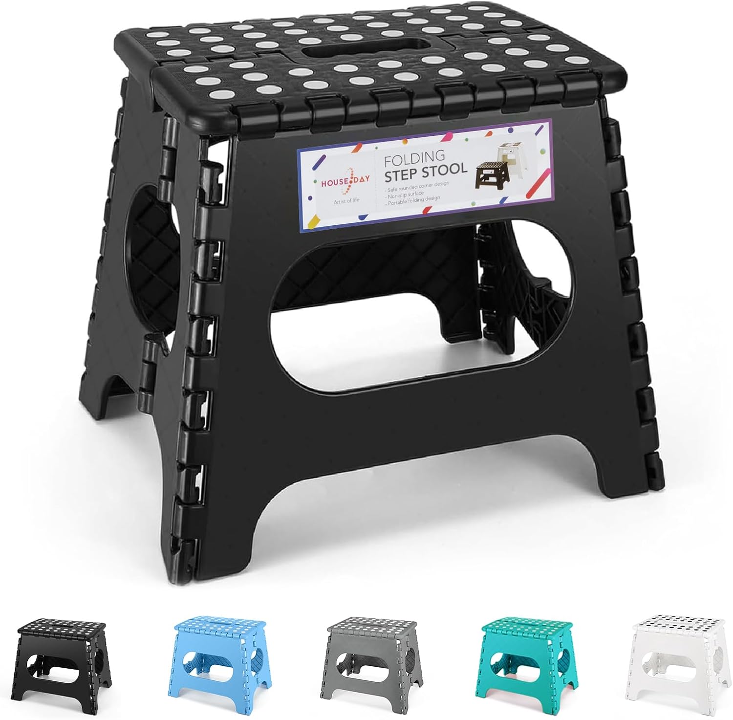 HOUSE DAY Klapphocker faltbar 27 cm Schwarz – stabiler Tritthocker mit Anti-Rutsch-Füßen