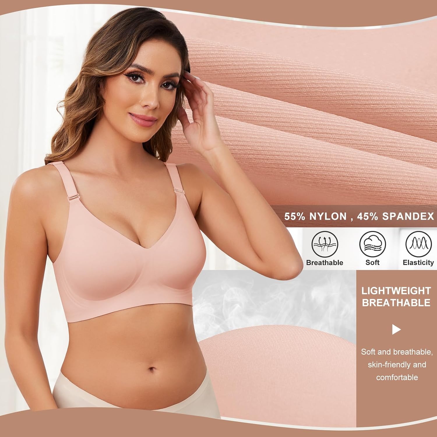 Detalle 2 de TOMEEK Soutien-gorge femme sans armature sans couture push up invisible en élastomère doux, décolleté en V