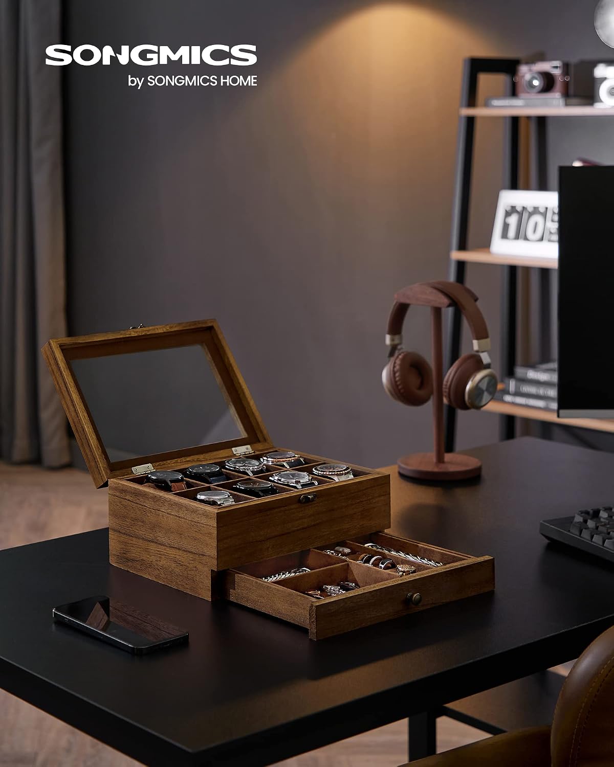 Detalle 2 de SONGMICS GISELLA Kollektion: Uhrenbox mit 8 Fächern aus Massivholz, Glasdeckel und Walnussfinish (JOW008K01)
