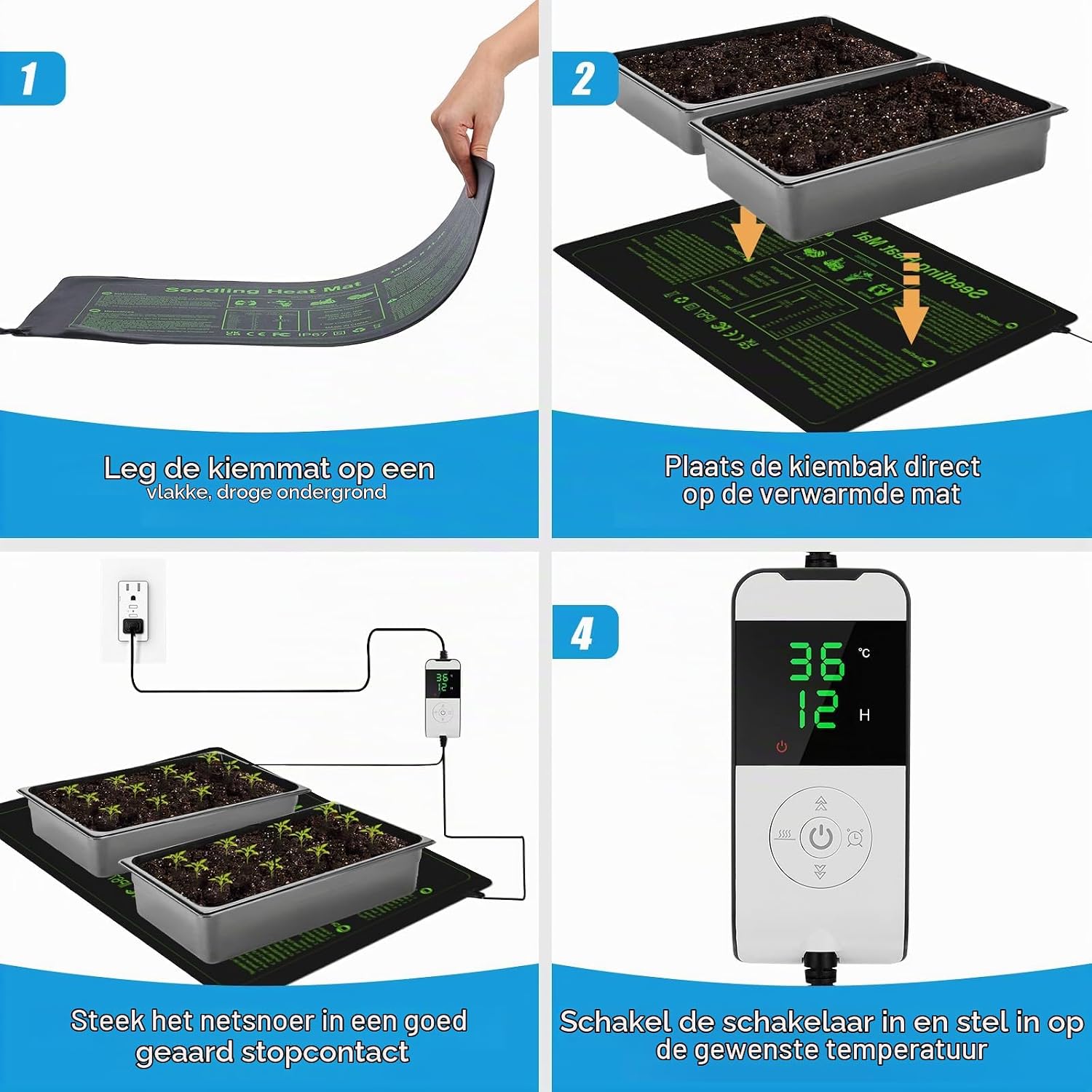 Detalle 2 de WADEO verwarmingsmat voor planten 60 x 42 cm, 30 W met thermostaat en timer