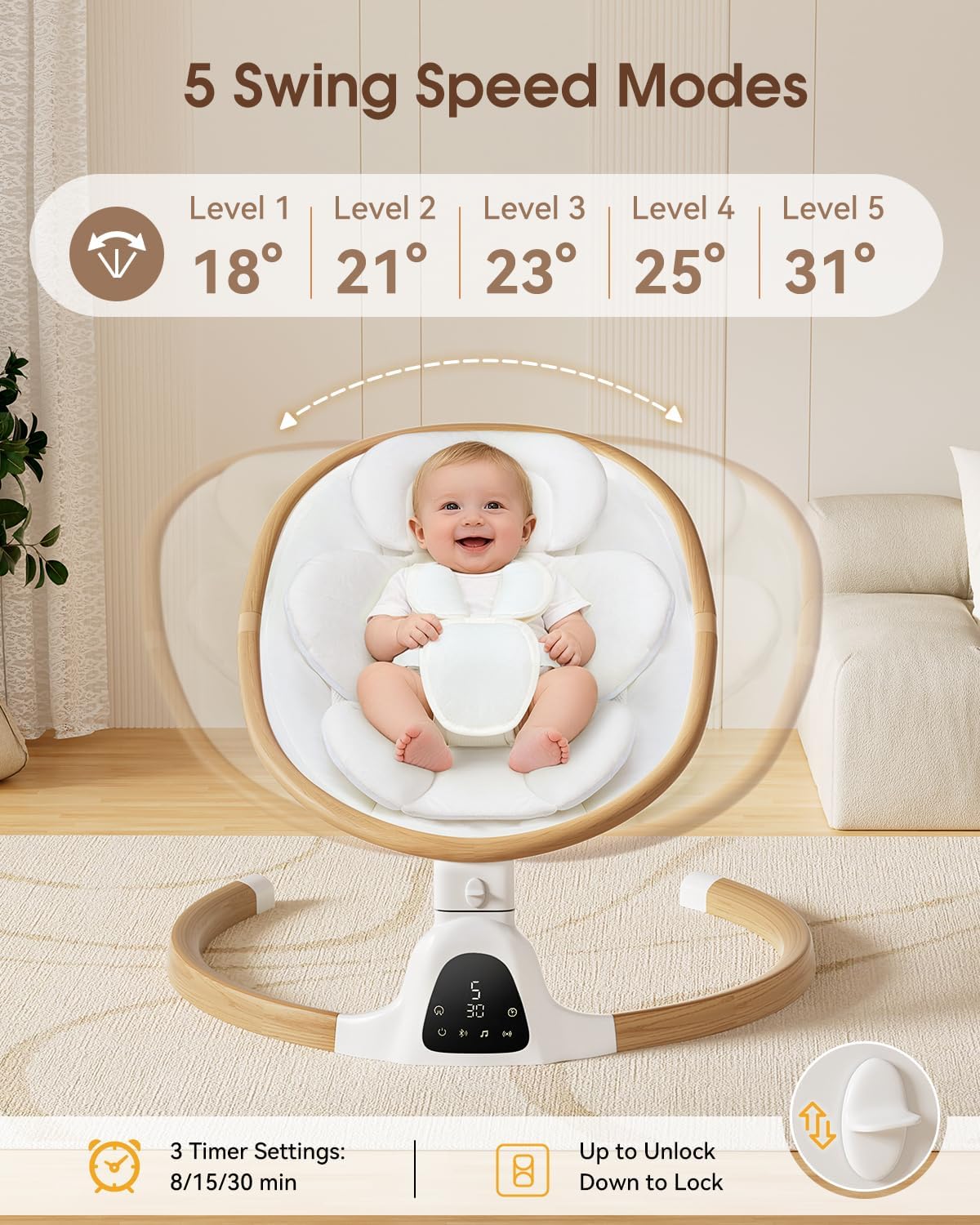 Detalle 2 de Wnttmt Electric Baby Swing with 5 Speeds, 5-Point Harness and Bluetooth