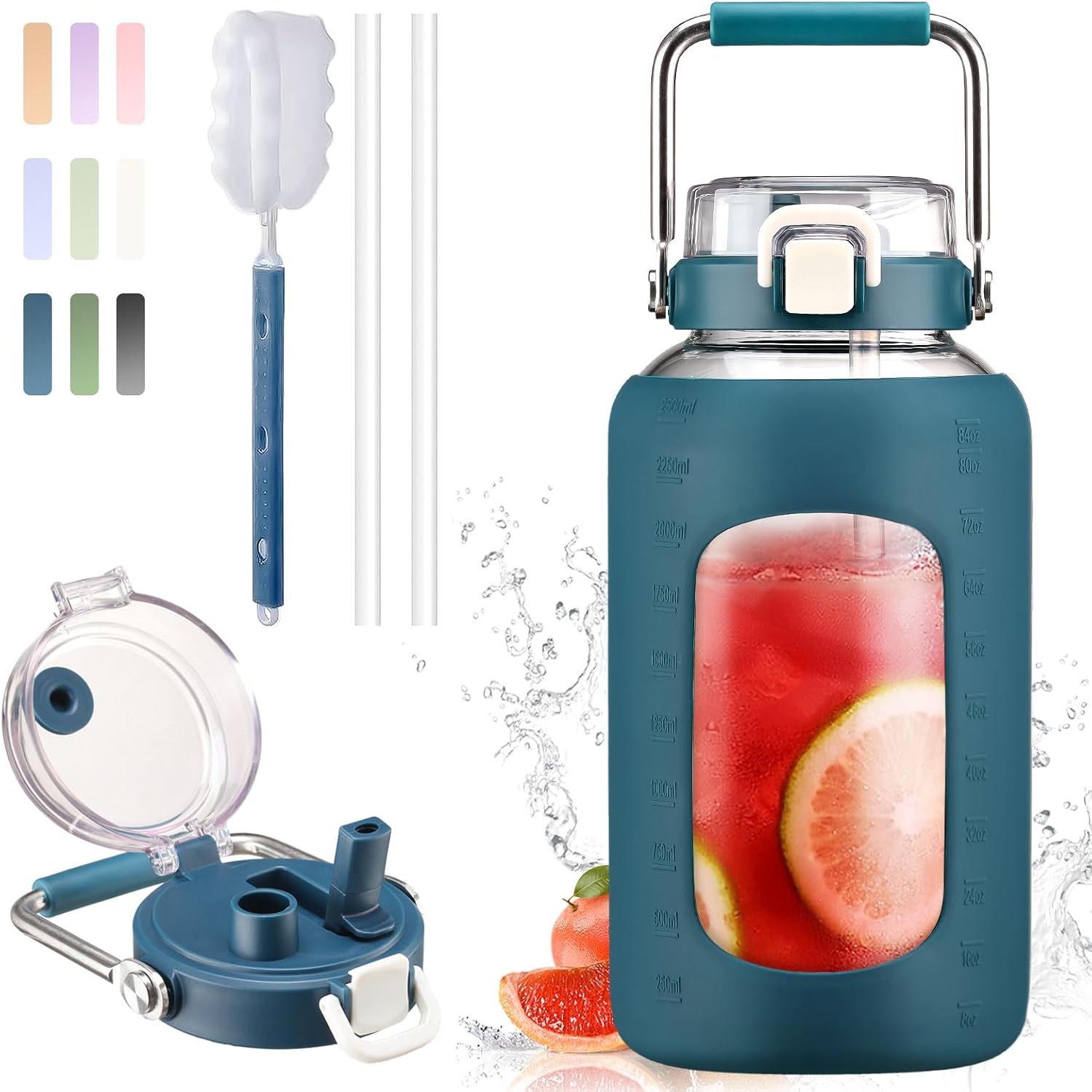 Detalle de BLUEGO 2.5L Glass Water Bottle with Stainless Steel Handle (Dark Blue) – 2500ml BPA-Free