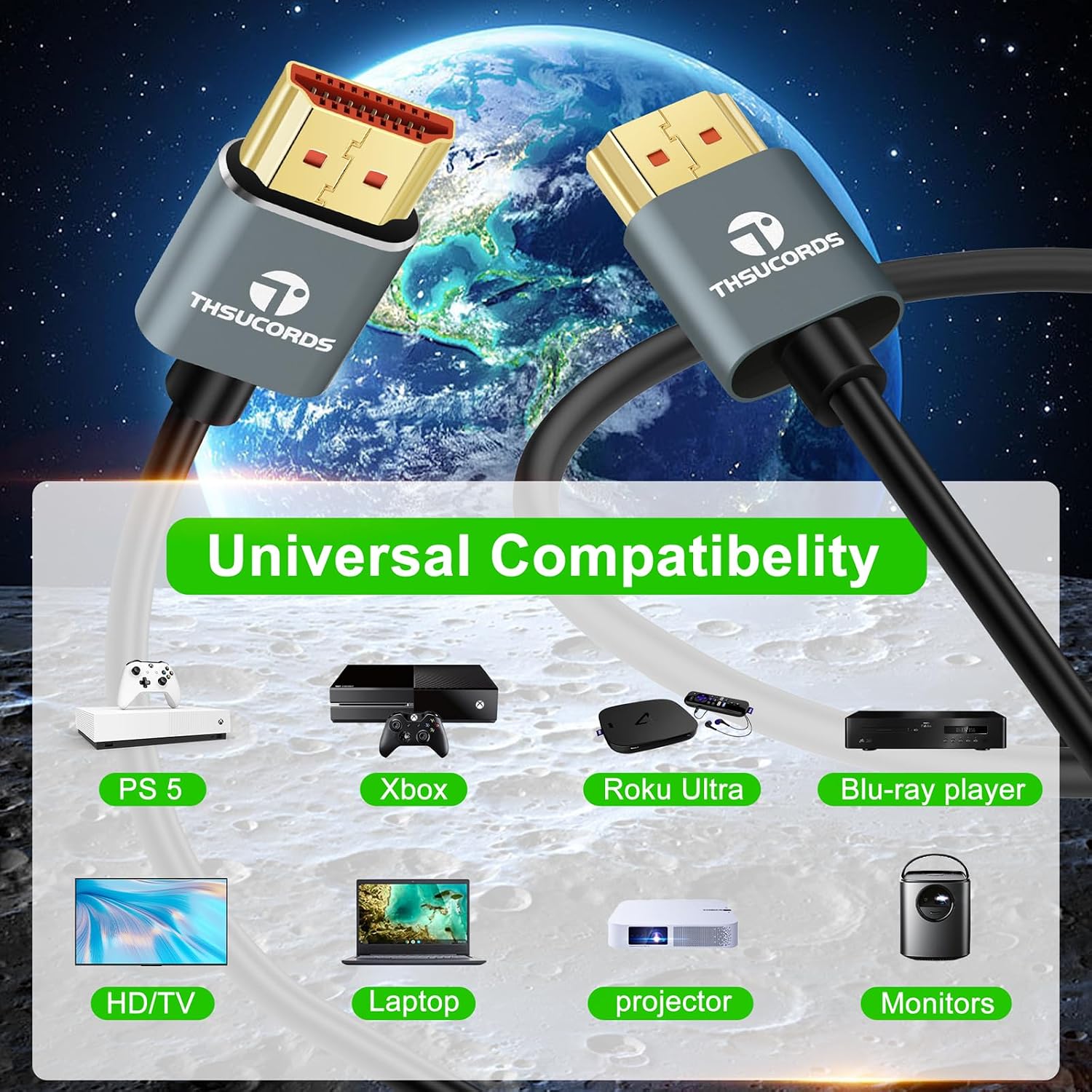 Detalle de Thsucords Ultradünnes HDMI 2.1 Kabel (8K/4K), 5 m – 2er Set, 48 Gbps