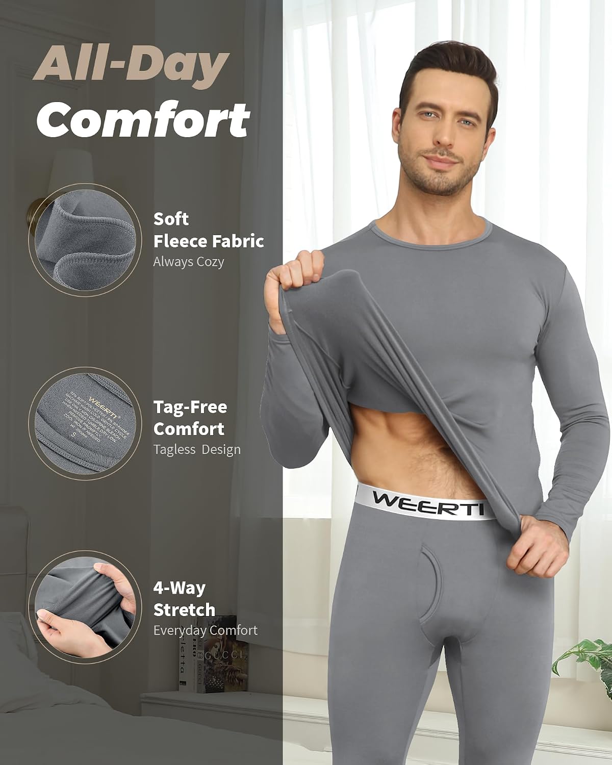 Thumbnail 1 de WEERTI Fleece-Lined Thermal Underwear for Men, Stretch Top and Bottom Set