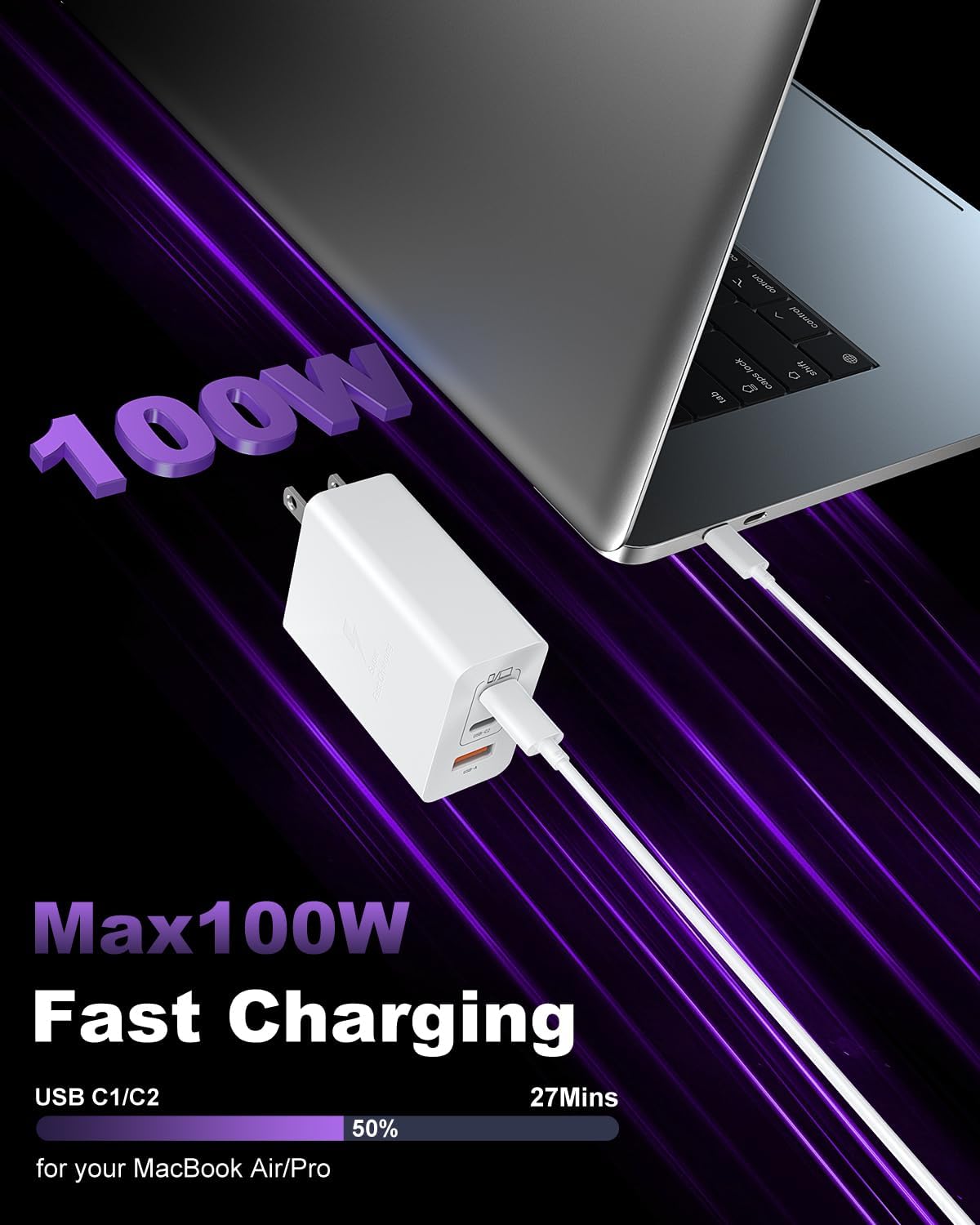 Detalle de USB C Charger Block 100W 3-Port GaN Fast Charger