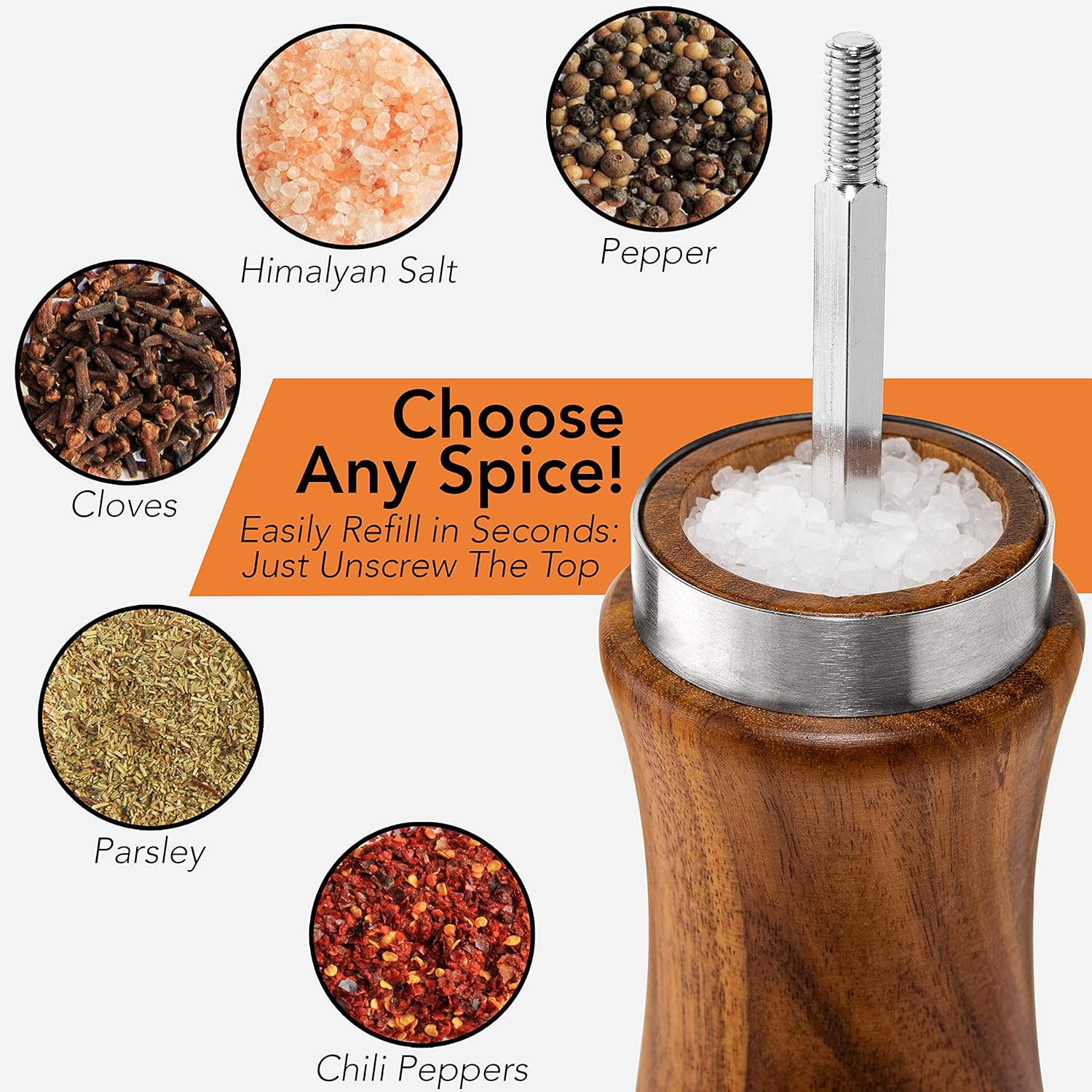 Detalle de Gennua Kitchen Wooden Salt and Pepper Grinder Set: Refiller, Adjustable Coarseness, 8-Inch Acacia Wood Mills