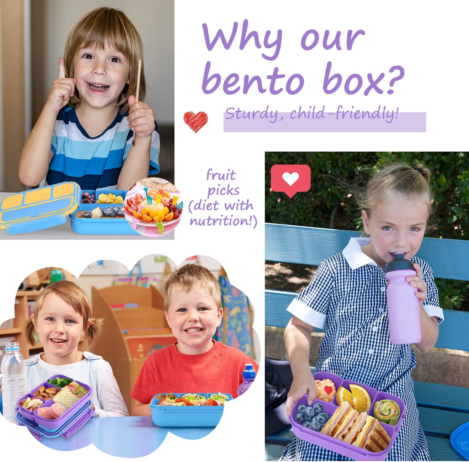 Thumbnail 6 de QQKO Bento Lunch Box for Kids — 4-Compartment Lunch Container with Accessories, Purple