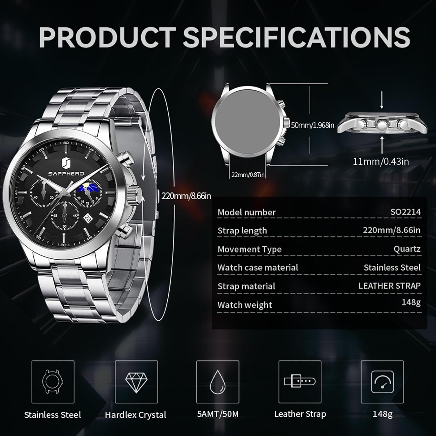 Detalle de BENYAR by Montre Homme chronographe étanche avec calendrier, bracelet cuir/acier inoxydable