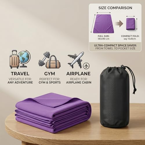 Detalle de HomlyPro Microfibre Towel Extra Large 180x90cm (Purple) – Quick Dry, Lightweight & Super Soft