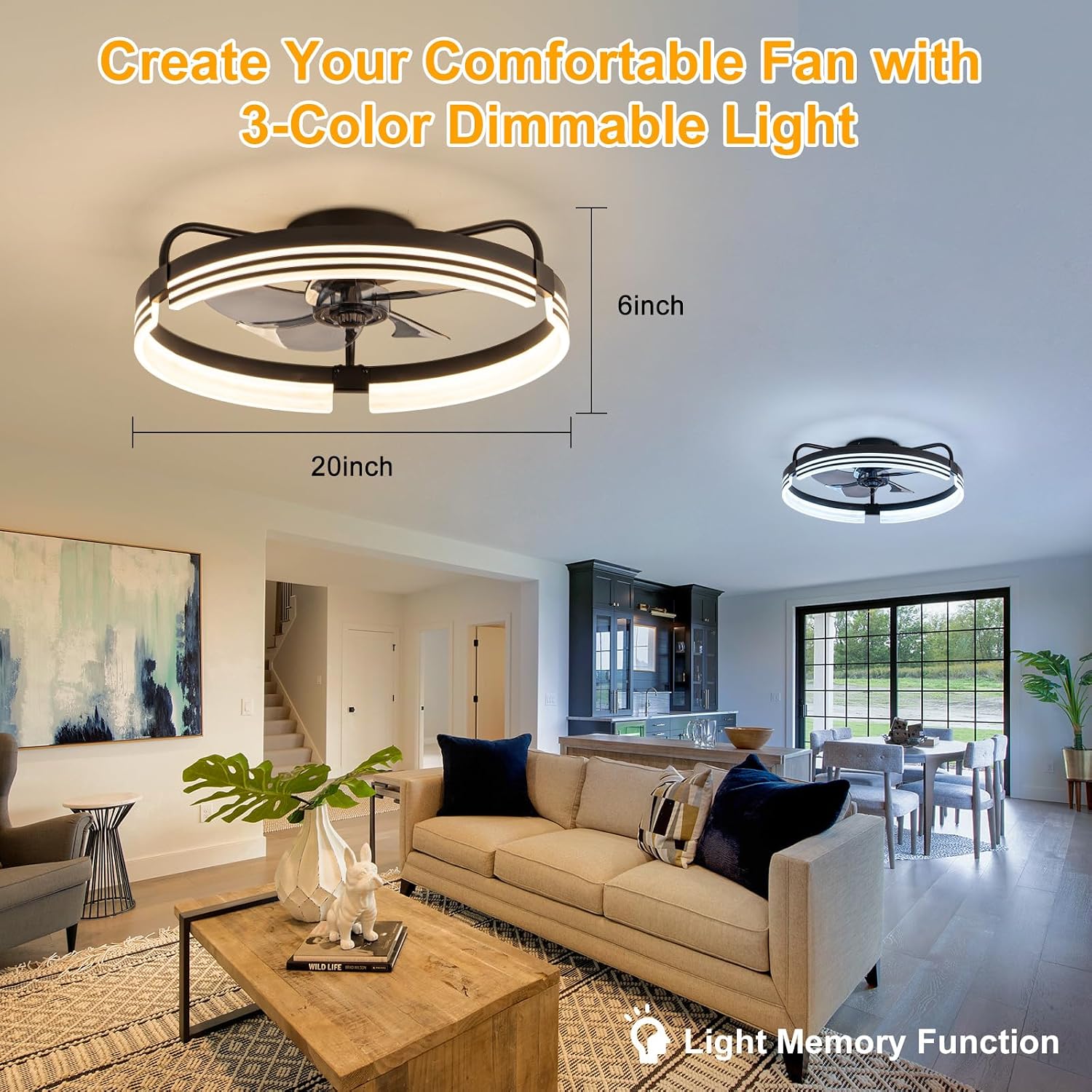 Thumbnail 4 de LMiSQ 25434 20-Inch Flush-Mount Ceiling Fan with LED Light and Remote