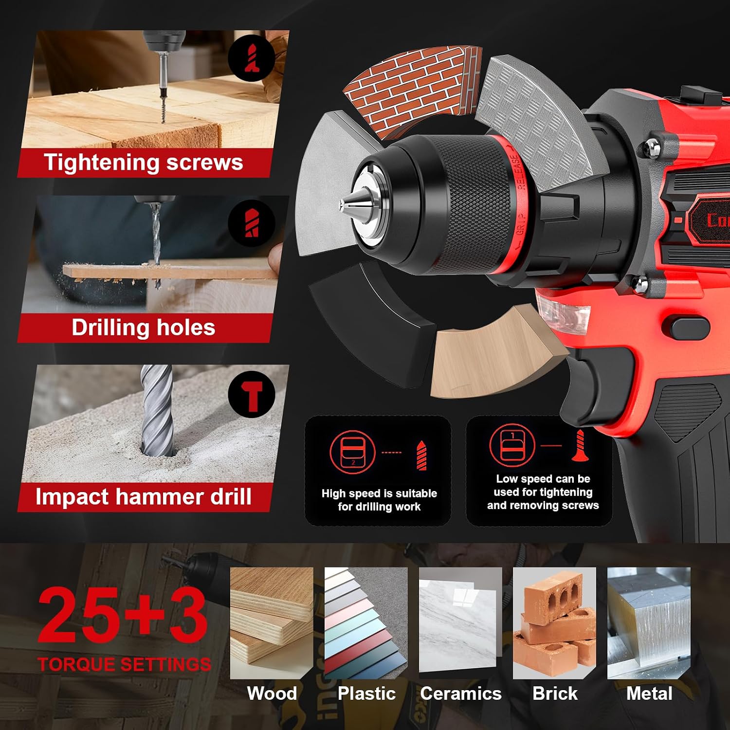 Thumbnail 3 de Brushless Cordless Hammer Drill Set — 21V with 2 Batteries, 87 Accessories and 10mm Heavy-Duty Chuck (KELNOW)