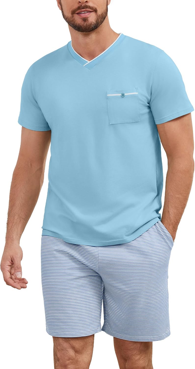 Detalle de Atforna Schlafanzug Herren Kurz Set aus Baumwolle – Zwei Teile (Kurzarmshirt + gestreifte Pyjamahose)