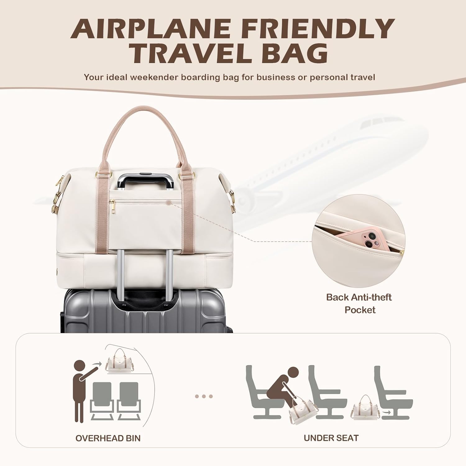 Thumbnail 6 de Sac de Voyage Femme 46L avec Trousse et Compartiment Chaussures – Blanc cassé