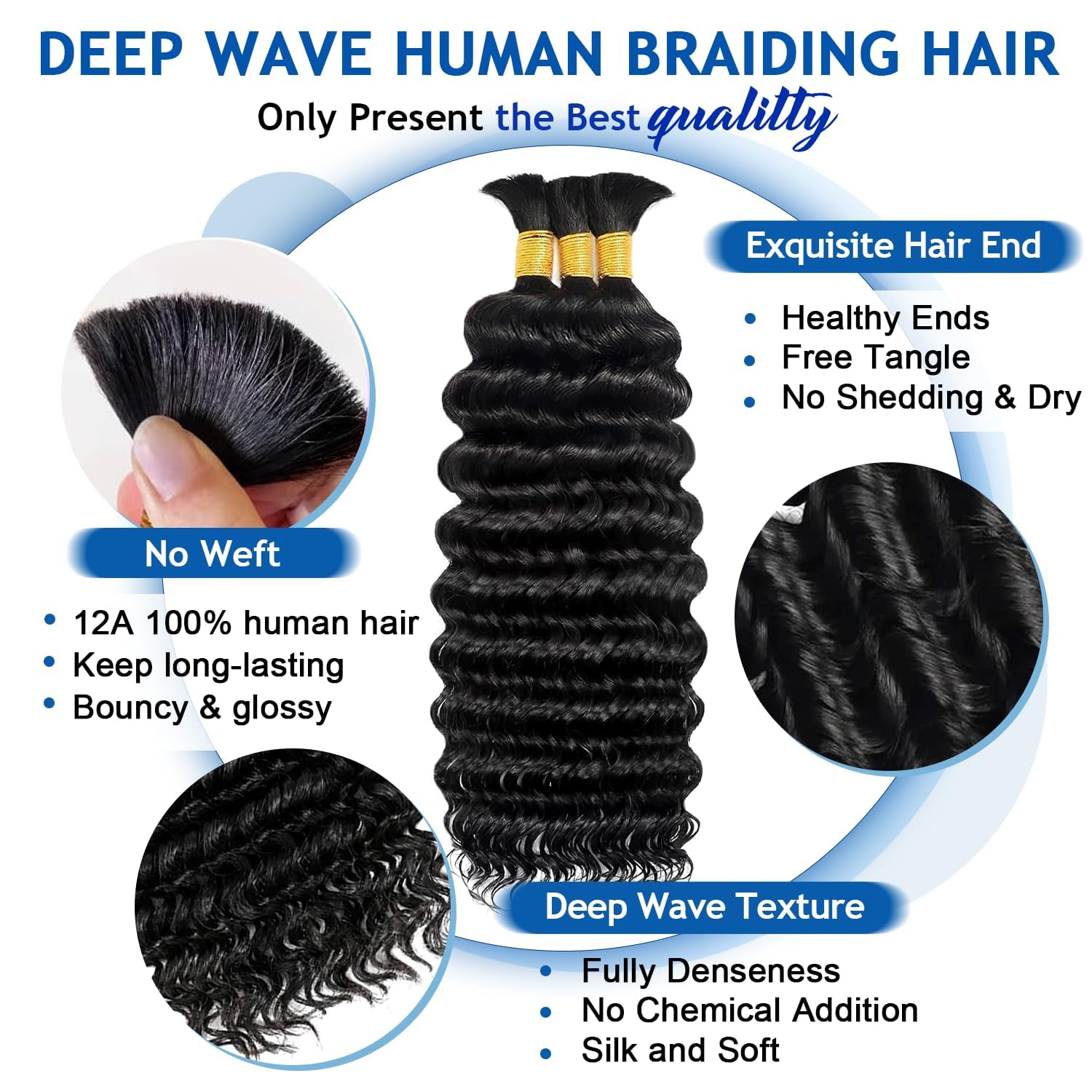 Detalle 2 de BIZVUS 110g 18-Inch Deep Wave Boho Braiding Hair (3 Bundles) in Natural Color #1B