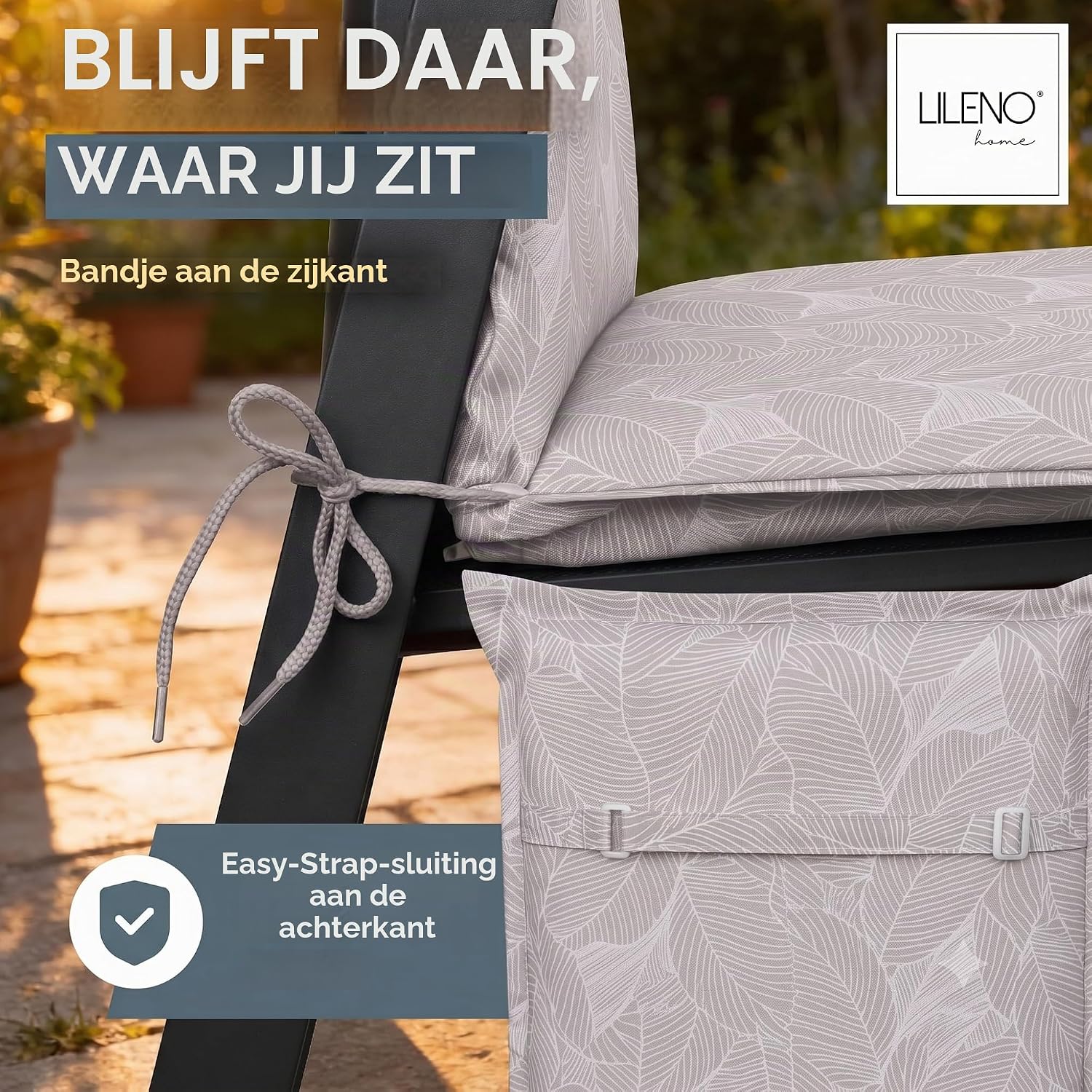 Detalle de LILENO HOME tuinstoelkussens, 2-delige set voor hoge rugleuning, grijs bladmotief