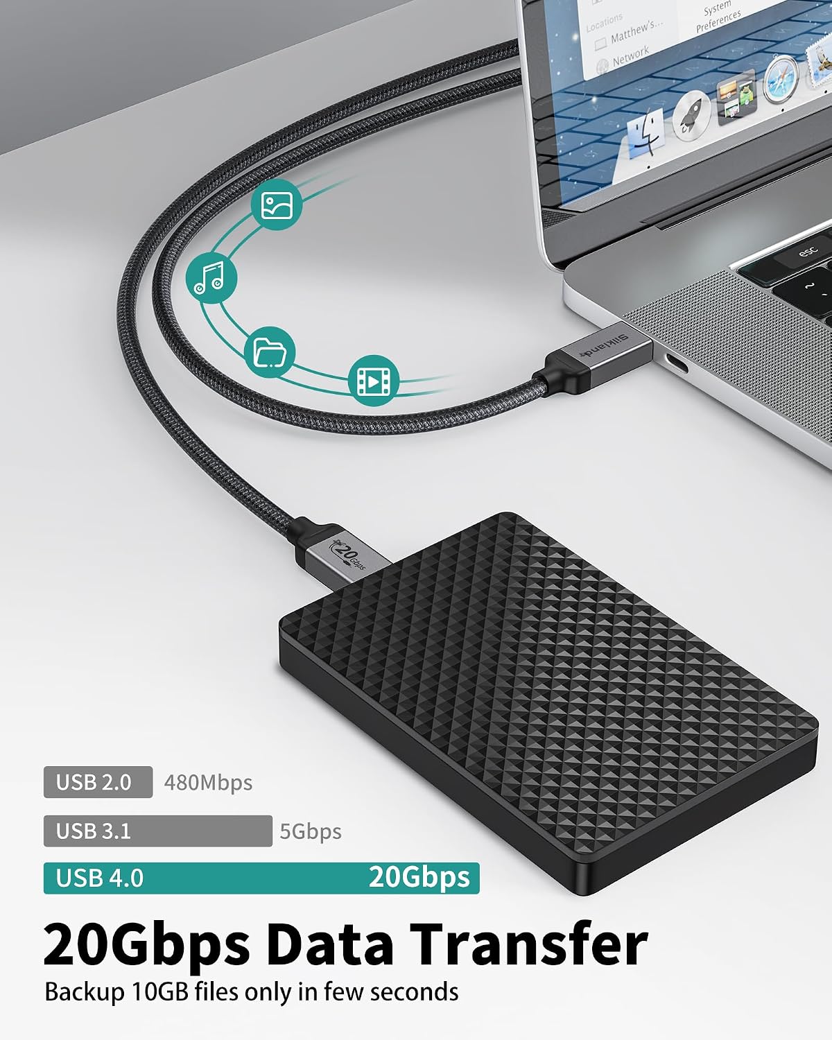 Detalle de Silkland USB4/Thunderbolt-4 Kabel (5 m) für 5K/4K@60Hz, 20 Gbit/s & bis 240 W Laden