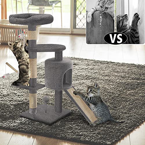 Detalle 2 de VOUNOT Arbre à Chat avec Griffoir et Niche – Hauteur 112 cm, Gris