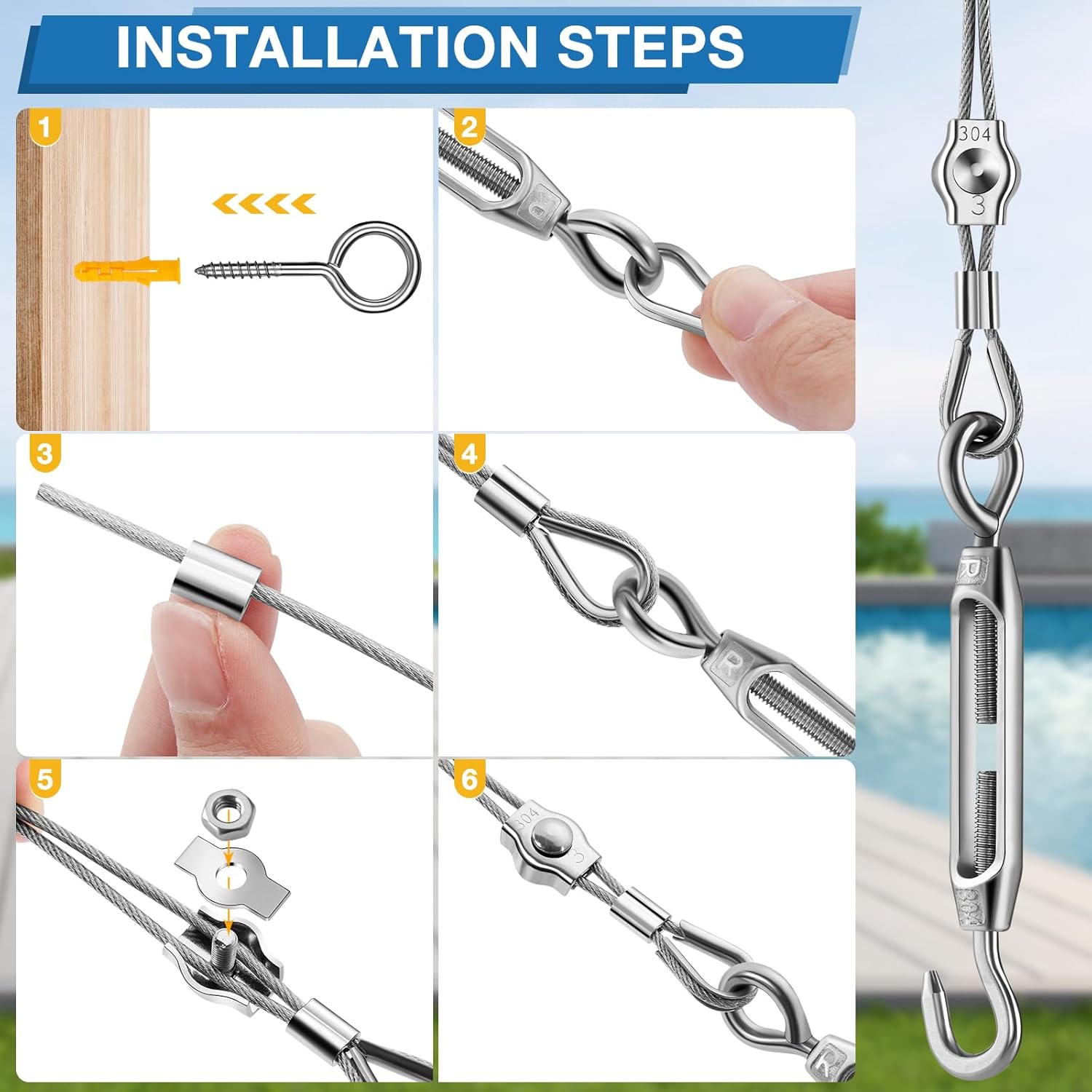 Thumbnail 3 de DazzBoom Wire Rope Kit (50m) with PVC-coated stainless steel cable, turnbuckle tensioner and fittings for garden/DIY
