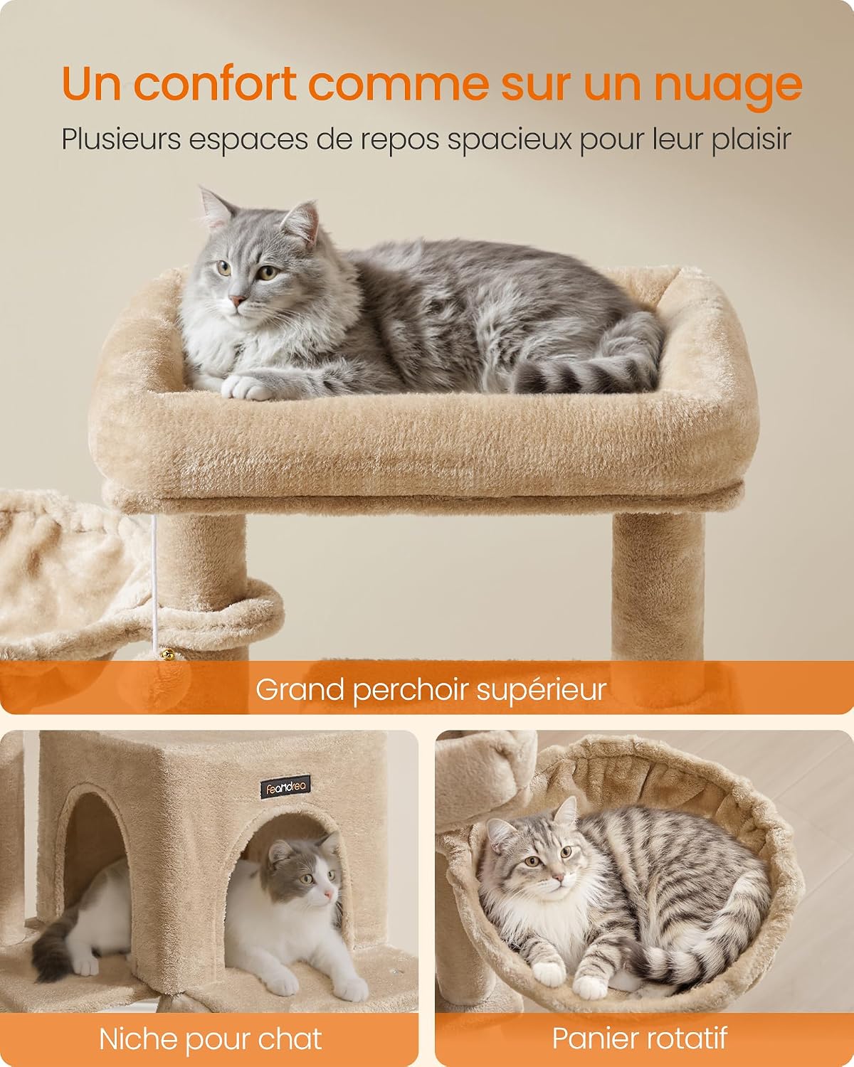 Detalle de Feandrea Arbre à Chat, Tour de Jeux, Grand Plate-Forme – Marron Camel PCT051K03
