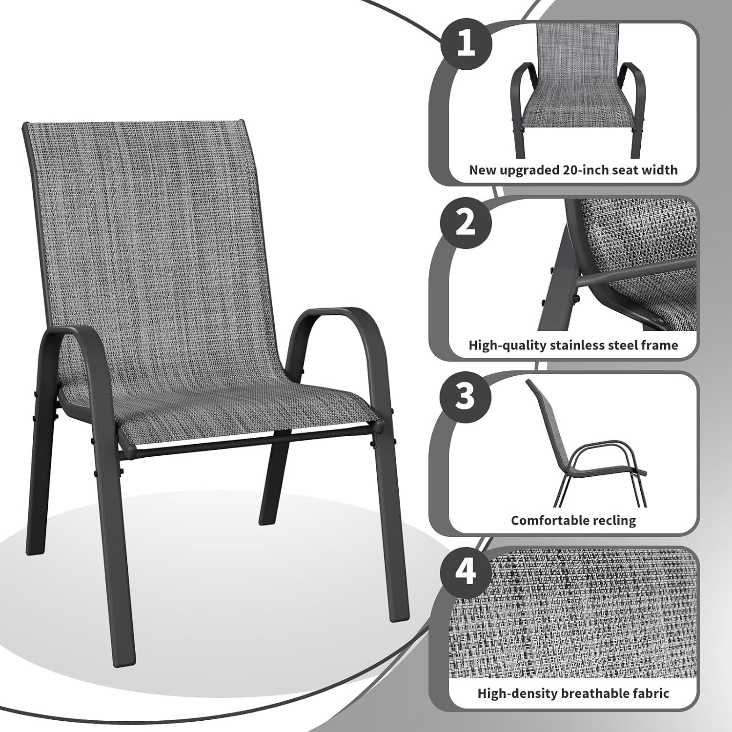 Thumbnail 4 de UDPATIO Set di 4 Sedie da Giardino Impilabili – 62 x 67 x 96 cm, schienale alto e braccioli, Tessuto Textilene, struttura in metallo (Grigio)