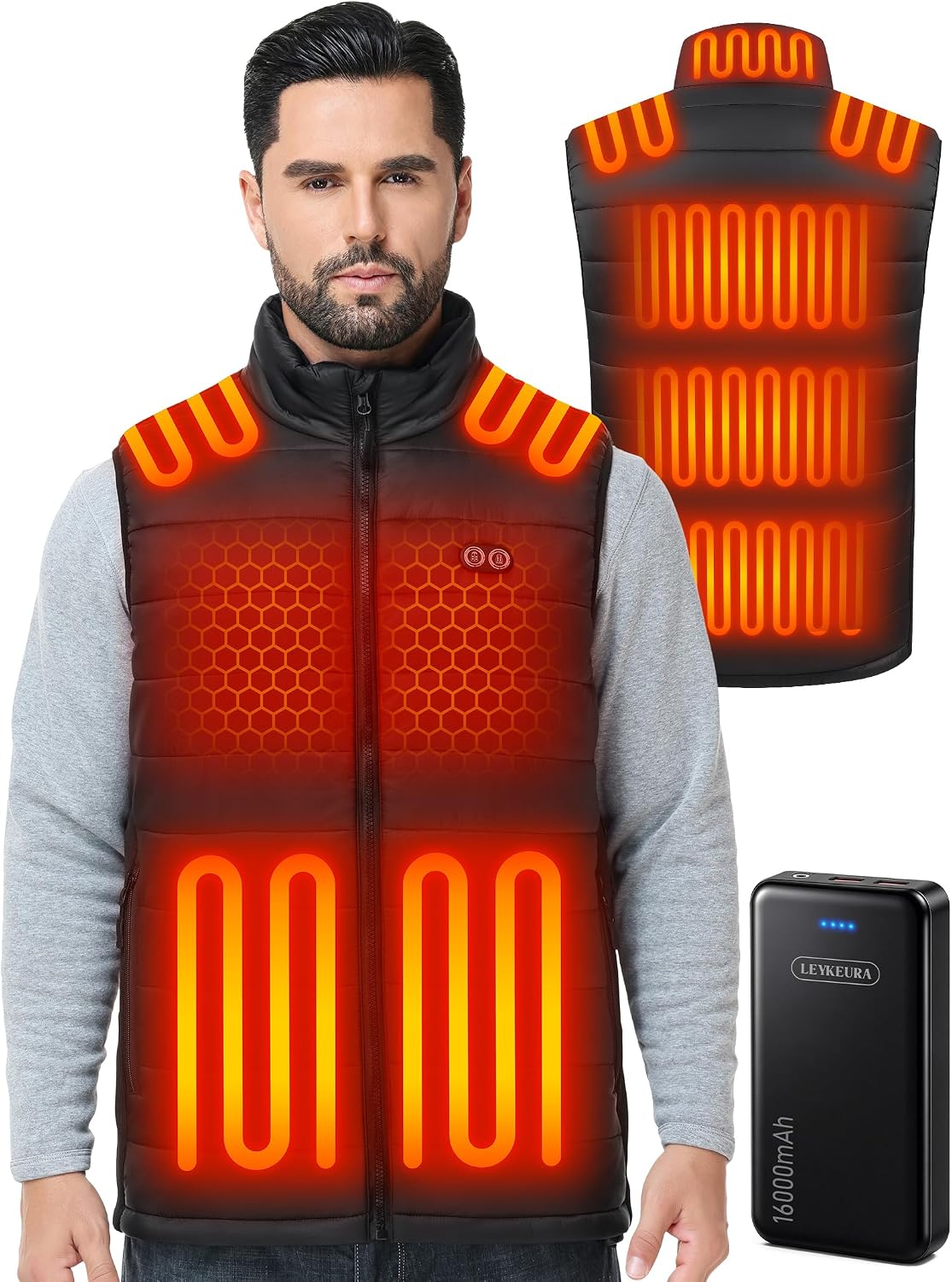 Detalle de LEYKEURA Men's Heated Vest with 9 Heating Zones and 16,000mAh Battery