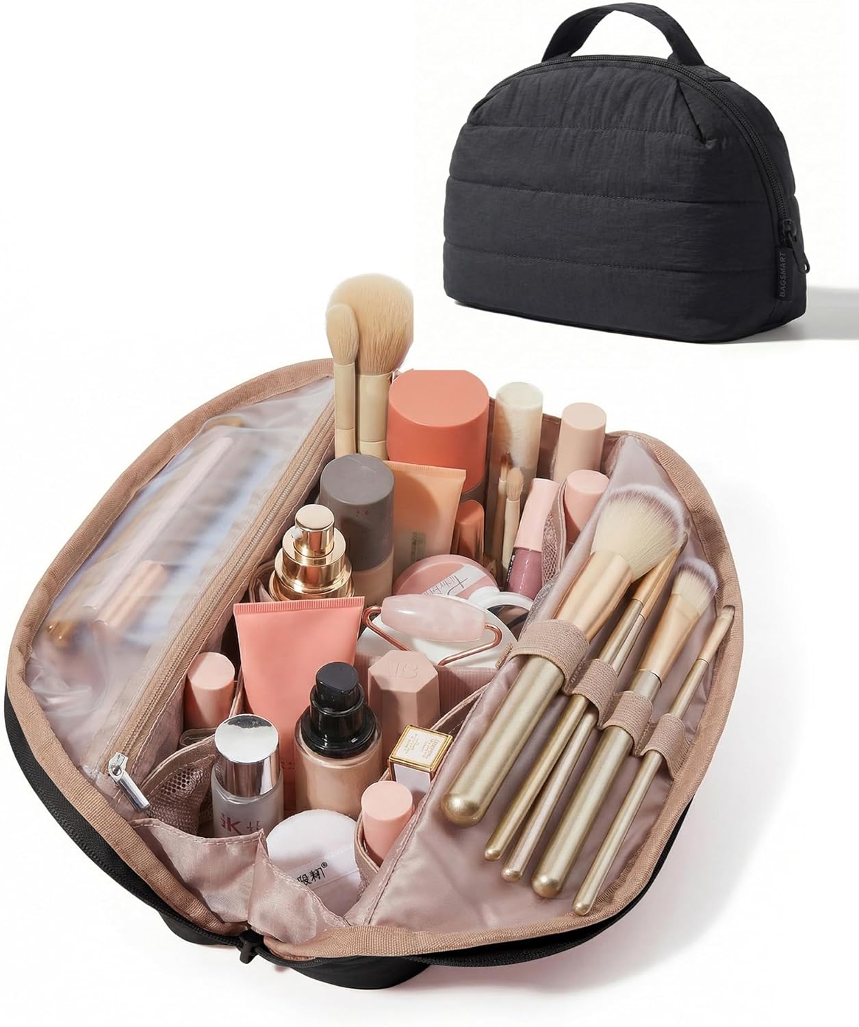 Detalle de BAGSMART Travel Makeup Bag – Flat Lay, Wide Opening Pouch for Brushes & Toiletries (Black)