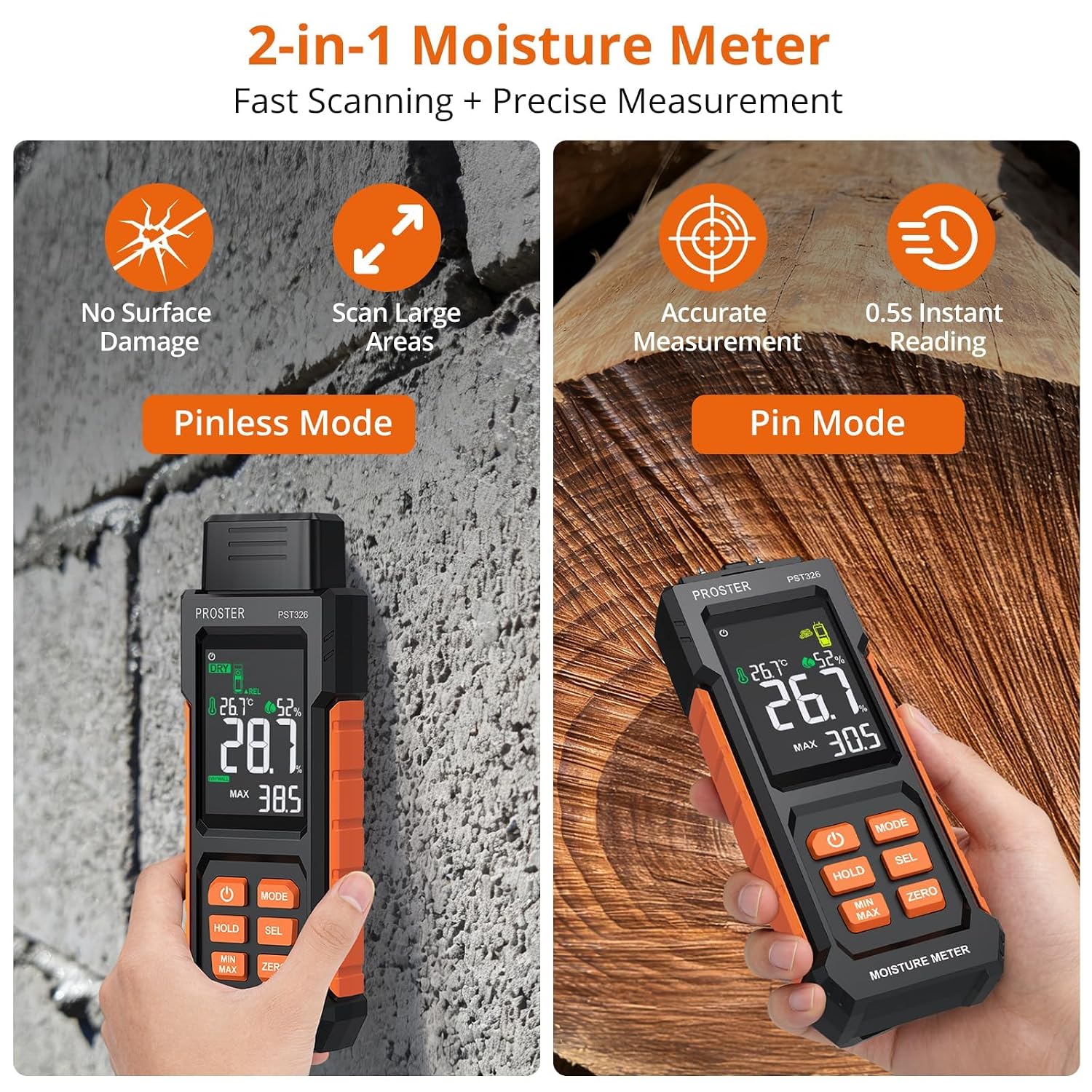 Thumbnail 1 de Proster PST326 2-in-1 Moisture Meter with Pin and Non-Invasive Modes