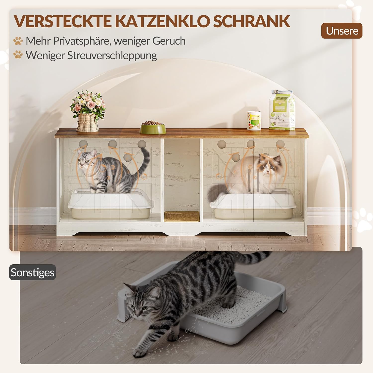 Detalle de Fobyfurny Katzenklo Schrank für 2 Katzen – 140 x 50 x 55 cm, Braun & Weiß (FPCB103PWR1)
