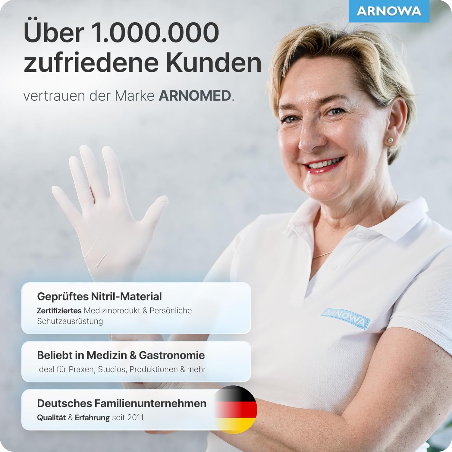 Detalle de ARNOMED Nitril Einweghandschuhe – 100 Stück/Box, Gr. S–XL, weiß, puderfrei, latexfrei
