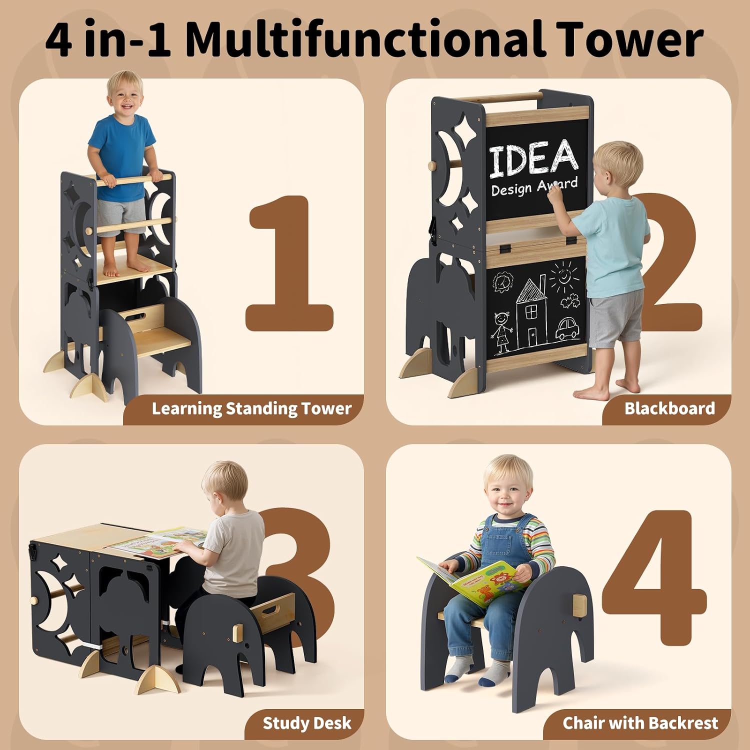 Detalle 2 de COSYLAND CS000197-3-CA 4-in-1 Toddler Kitchen Step Stool, Foldable Wooden Tower