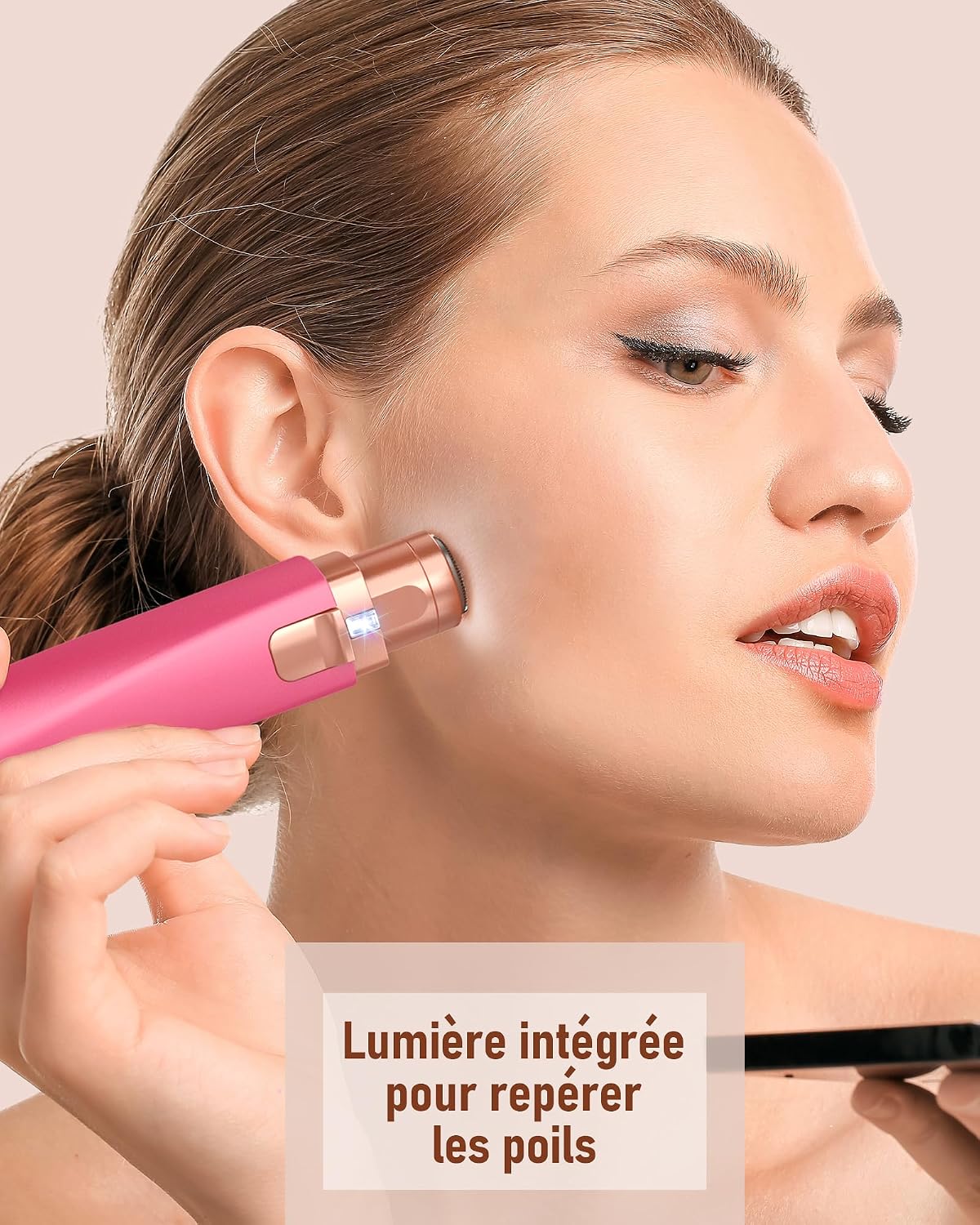 Detalle de Rasoir Visage Femme & Tondeuse à Sourcils 2 en 1 avec LED — Rechargeable, Rouge