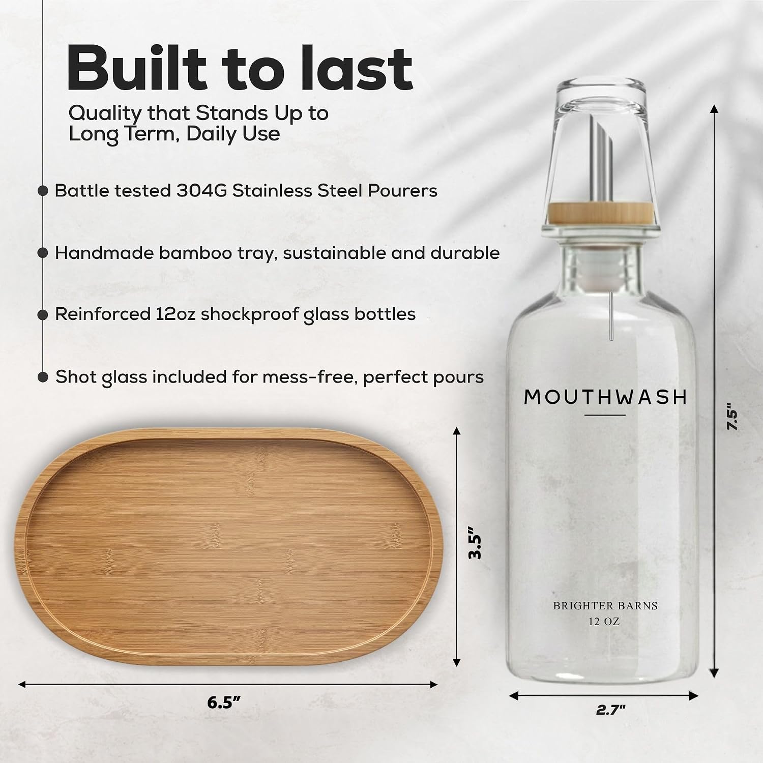 Detalle de Brighter Barns RCD Glass Mouthwash Dispenser Set, Clear 2-Pack with Bamboo Tray