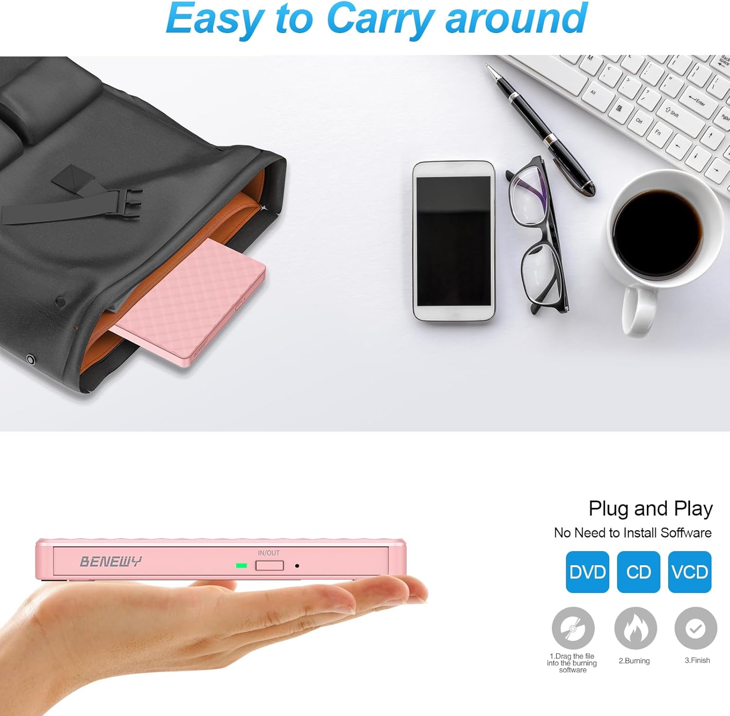 Thumbnail 6 de External CD/DVD Drive for Laptop: USB 3.0 Type-C Slim DVD Burner and Reader (Pink)