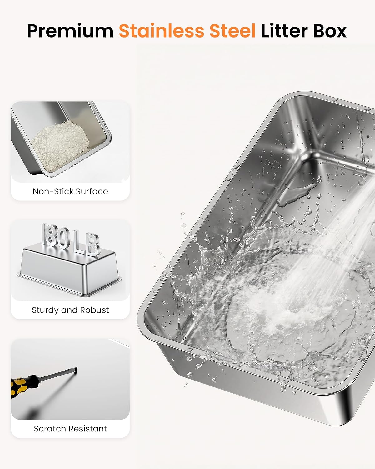 Detalle de Lettiera Gatto Acciaio Inox – XXL aperta/chiusa, coperchio ribaltabile, paletta e design antiodore