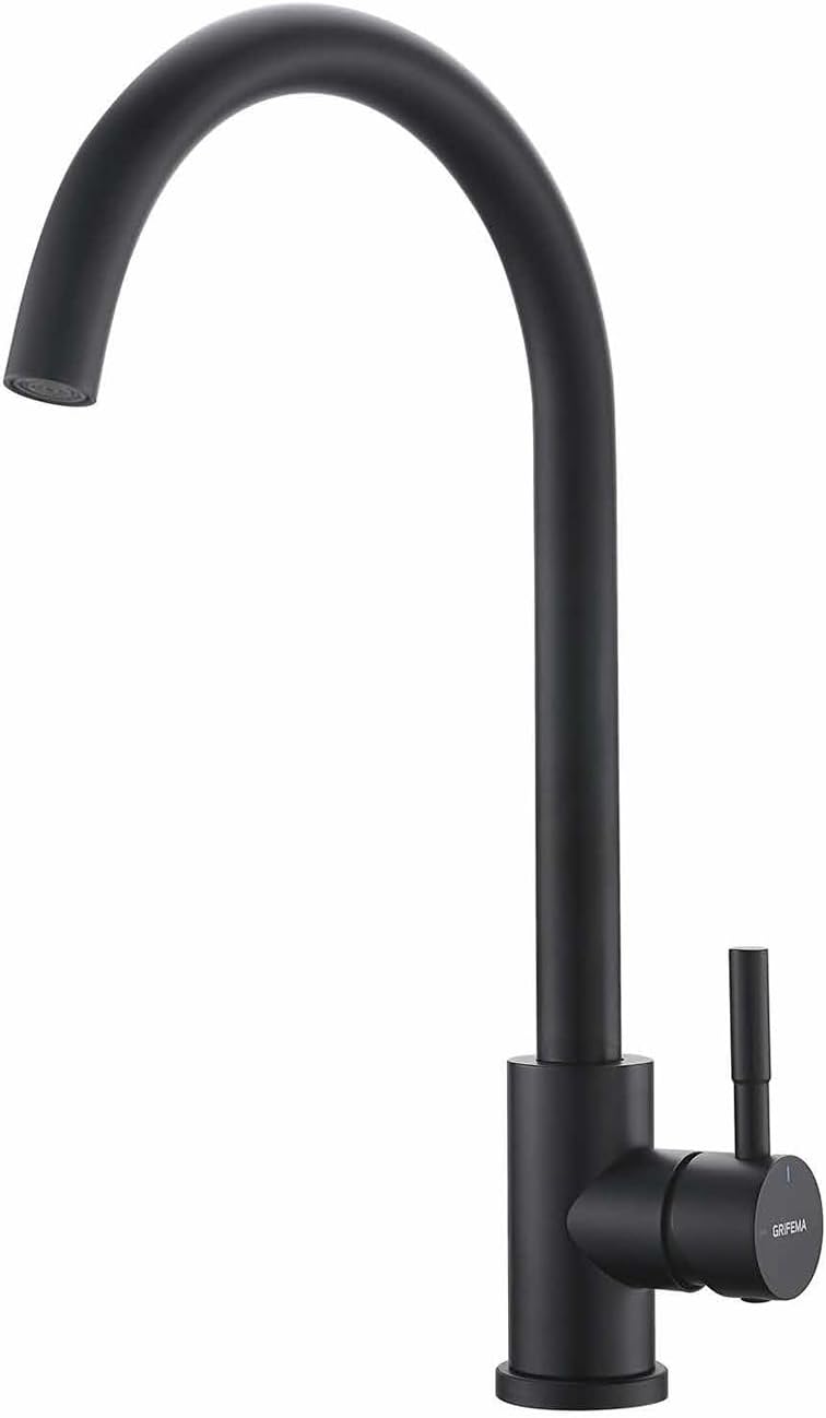 Detalle de GRIFEMA G4008B Black Kitchen Sink Tap — 360° Swivel Spout, Solid Brass & Stainless Steel, Hot & Cold