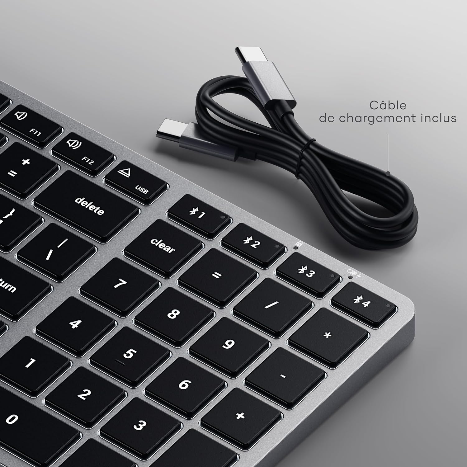 Detalle de Satechi Clavier sans Fil Slim X2 Bluetooth QWERTY US rétroéclairé (gris) avec pavé numérique