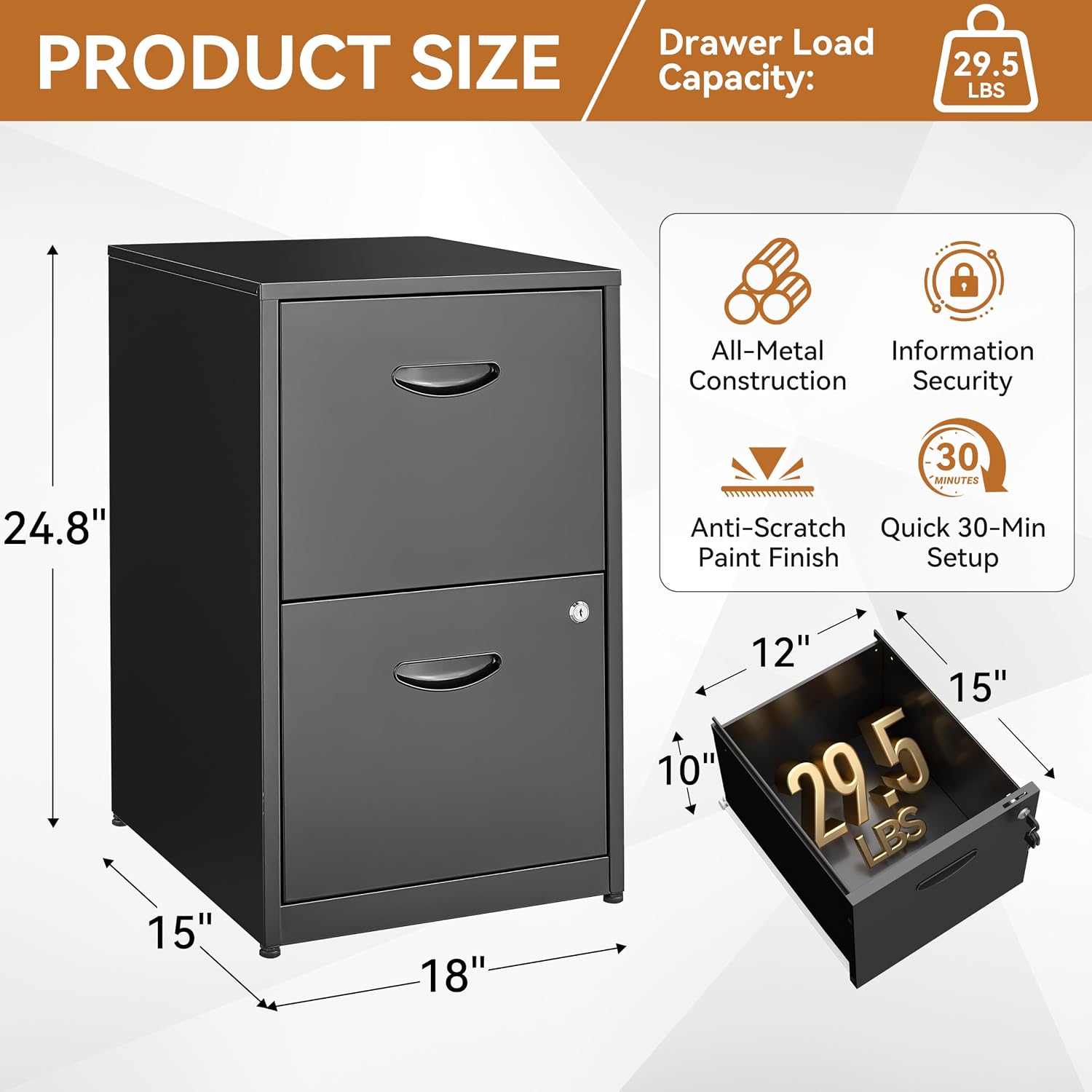 Detalle de Polup PP-ZKJJX-2F 2-Drawer Metal File Cabinet with Lock, Black