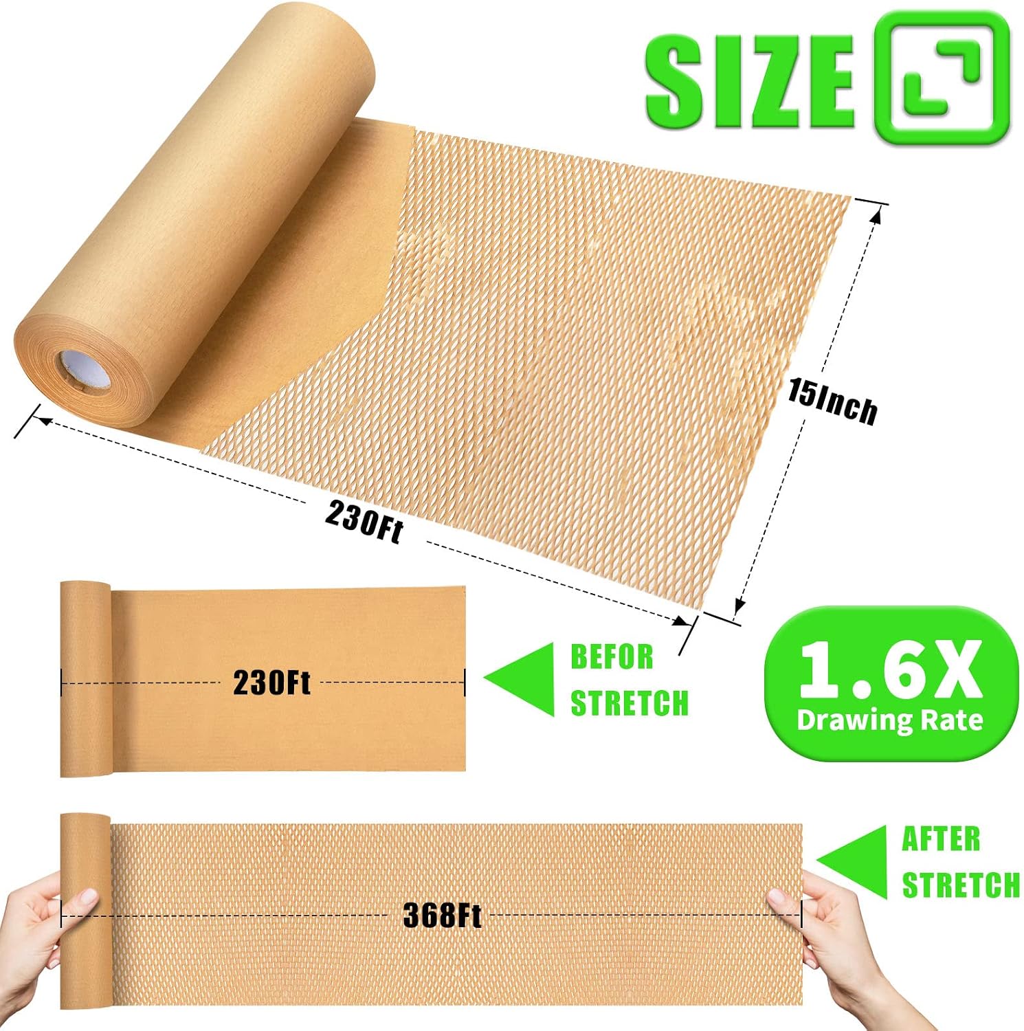 Detalle 2 de MINHAO Brown-S2 Honeycomb Packing Paper Roll, 15" x 230', 36 Fragile Labels