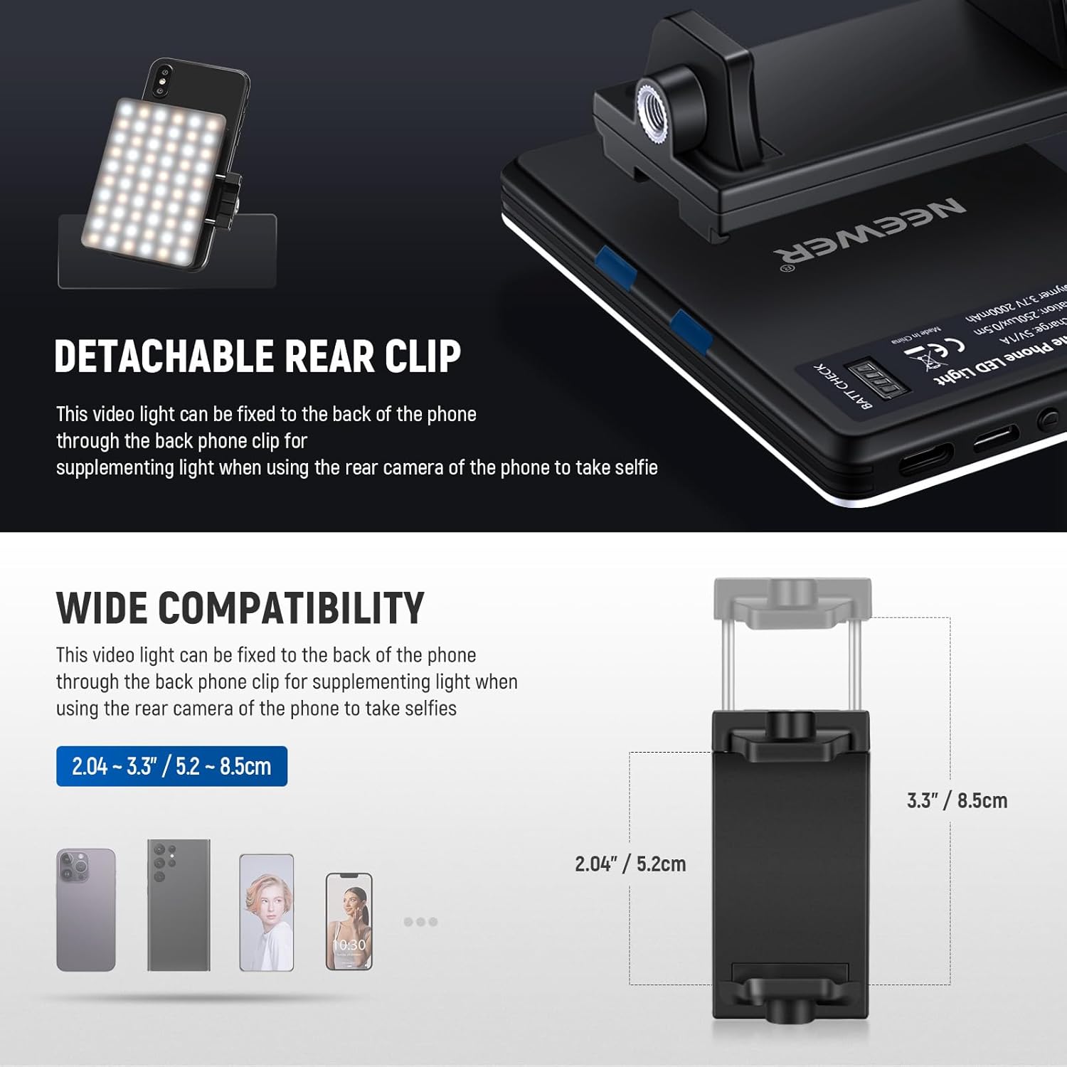 Thumbnail 5 de NEEWER Selfie Light LED pour smartphone : lampe vidéo LED rechargeable 3 modes avec luminosité réglable