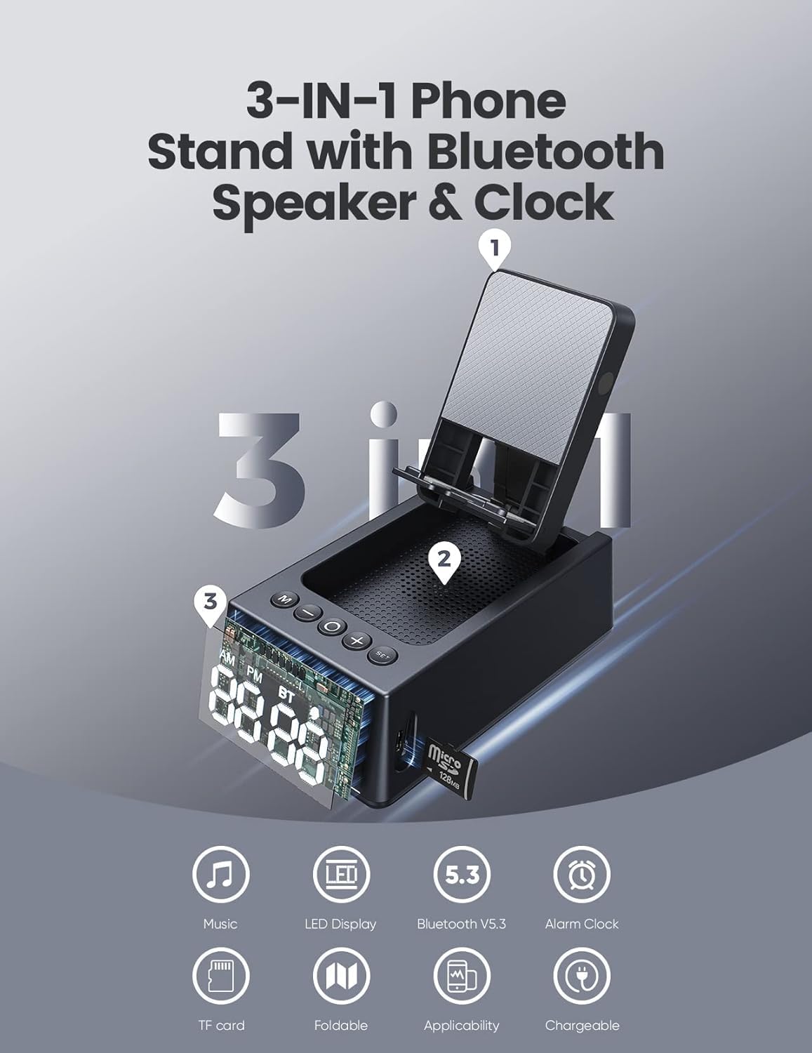 Detalle 2 de BBL 3-in-1 Wireless Bluetooth Speaker with Foldable Phone Stand & LCD Alarm Clock