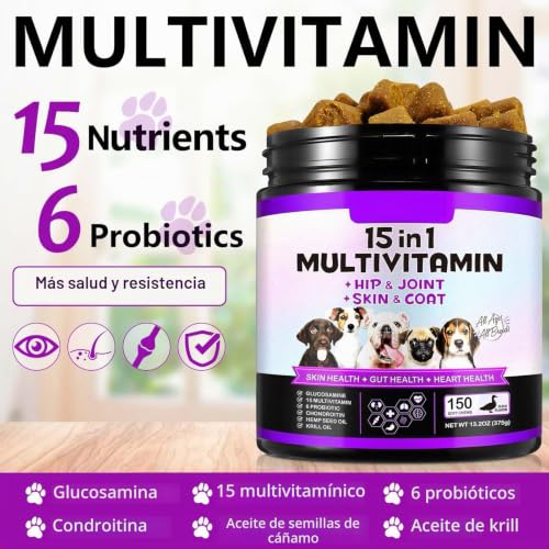 Detalle de Bieyoc 15 en 1: golosinas multivitamínicas para perros (sabor pato) – 150 masticables