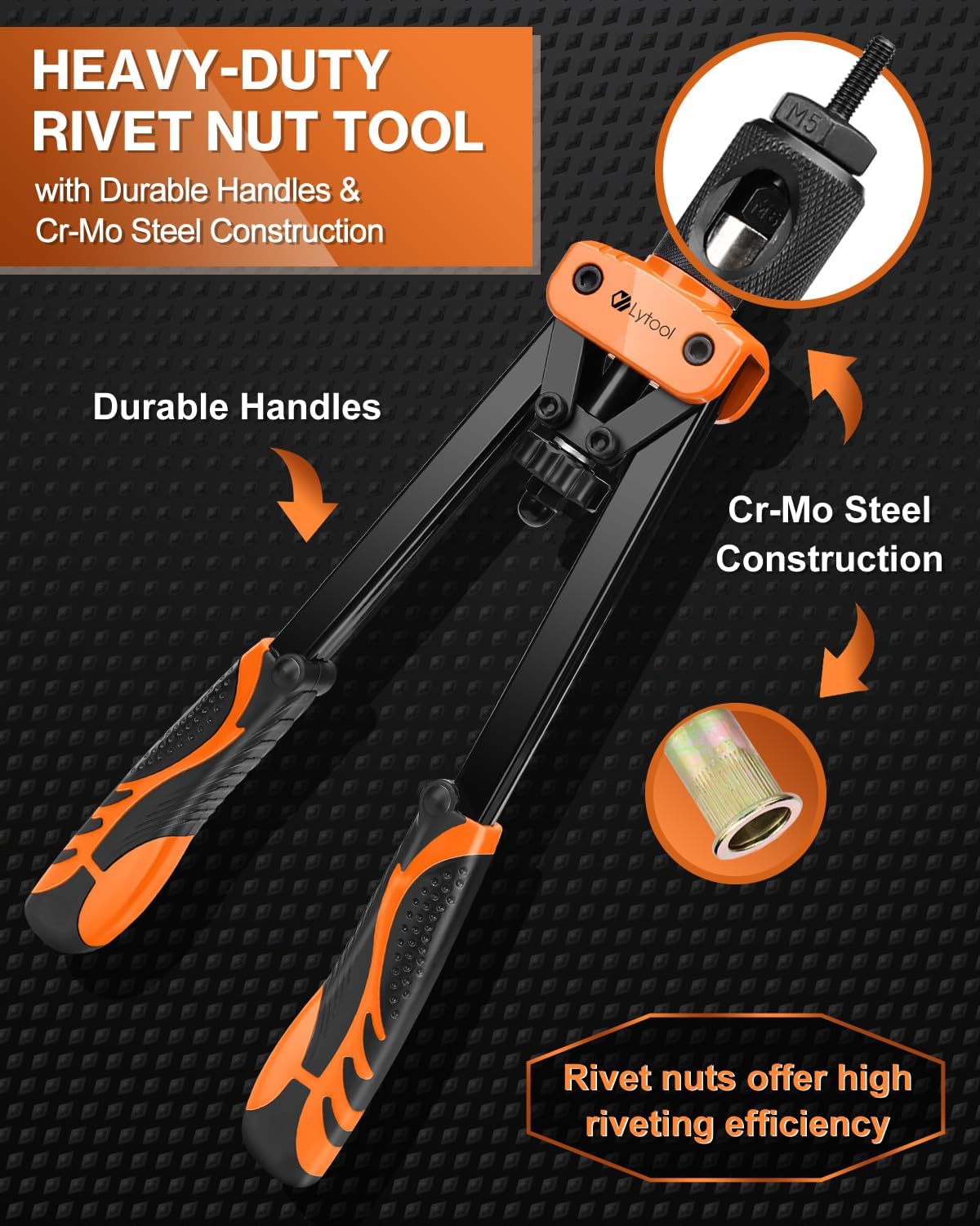 Detalle de Lytool Rivnut Tool Kit 13" – Hand Rivet Nut Setter with 70 Rivet Nuts (M3 to M12) & 7 Mandrels