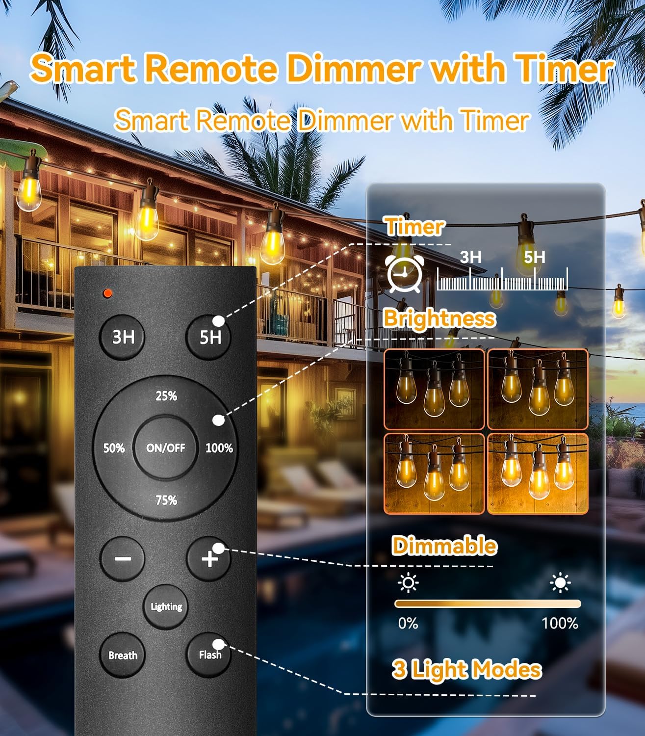 Detalle de TBOSW Outdoor String Lights Patio LED - 50 Ft, 15+1 S14 Edison Bulbs, Waterproof, Remote Dimmable