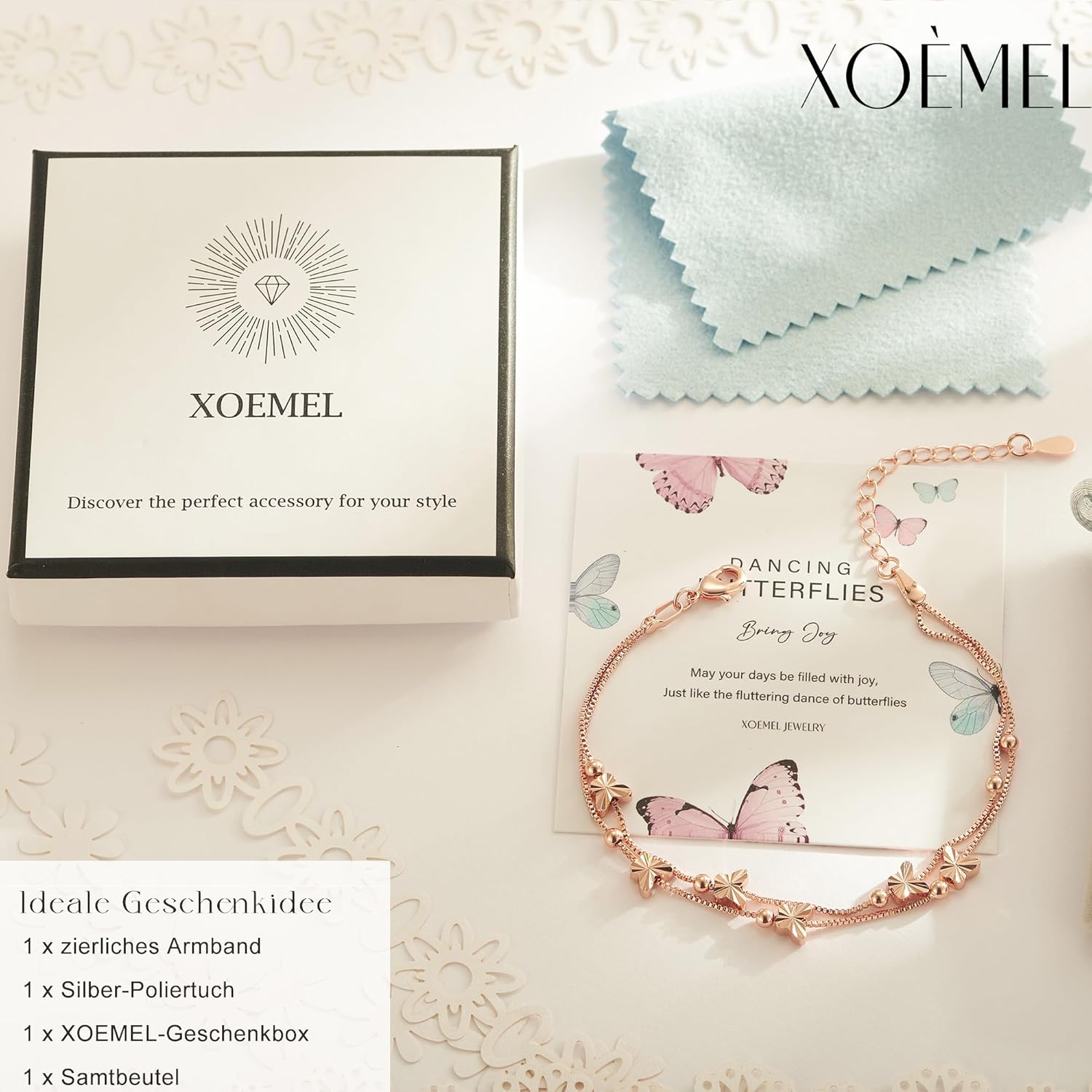 Thumbnail 5 de XOEMEL Bracelet en argent 925 pour femme – Papillons et perles – Or rose, réglable, 43 cm