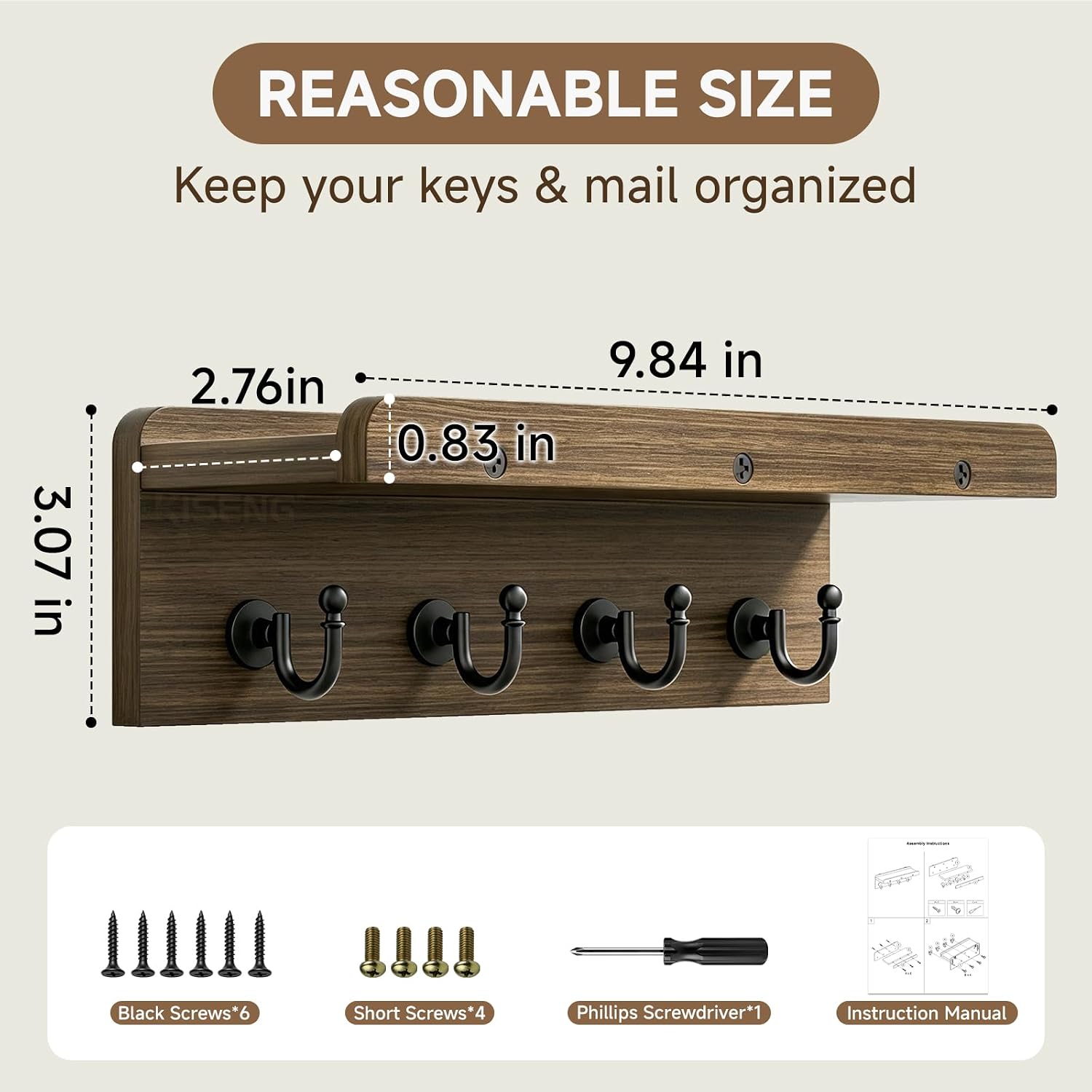 Thumbnail 6 de KISENG KH-mini-zhiban Wall-Mounted Key and Mail Organizer, 4 Hooks, Wood