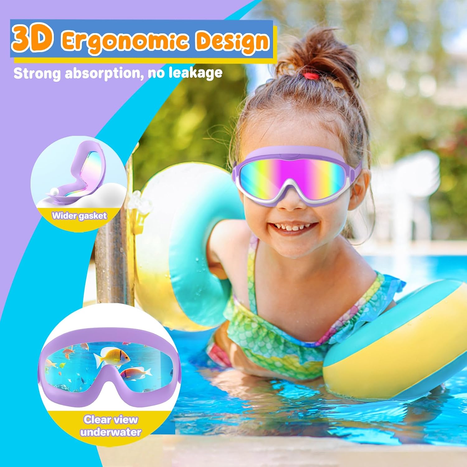 Detalle de COOLOO 2 Pack Kids Swimming Goggles – Wide View, Anti-Fog & Anti-UV Safety for 4–16 Year Olds