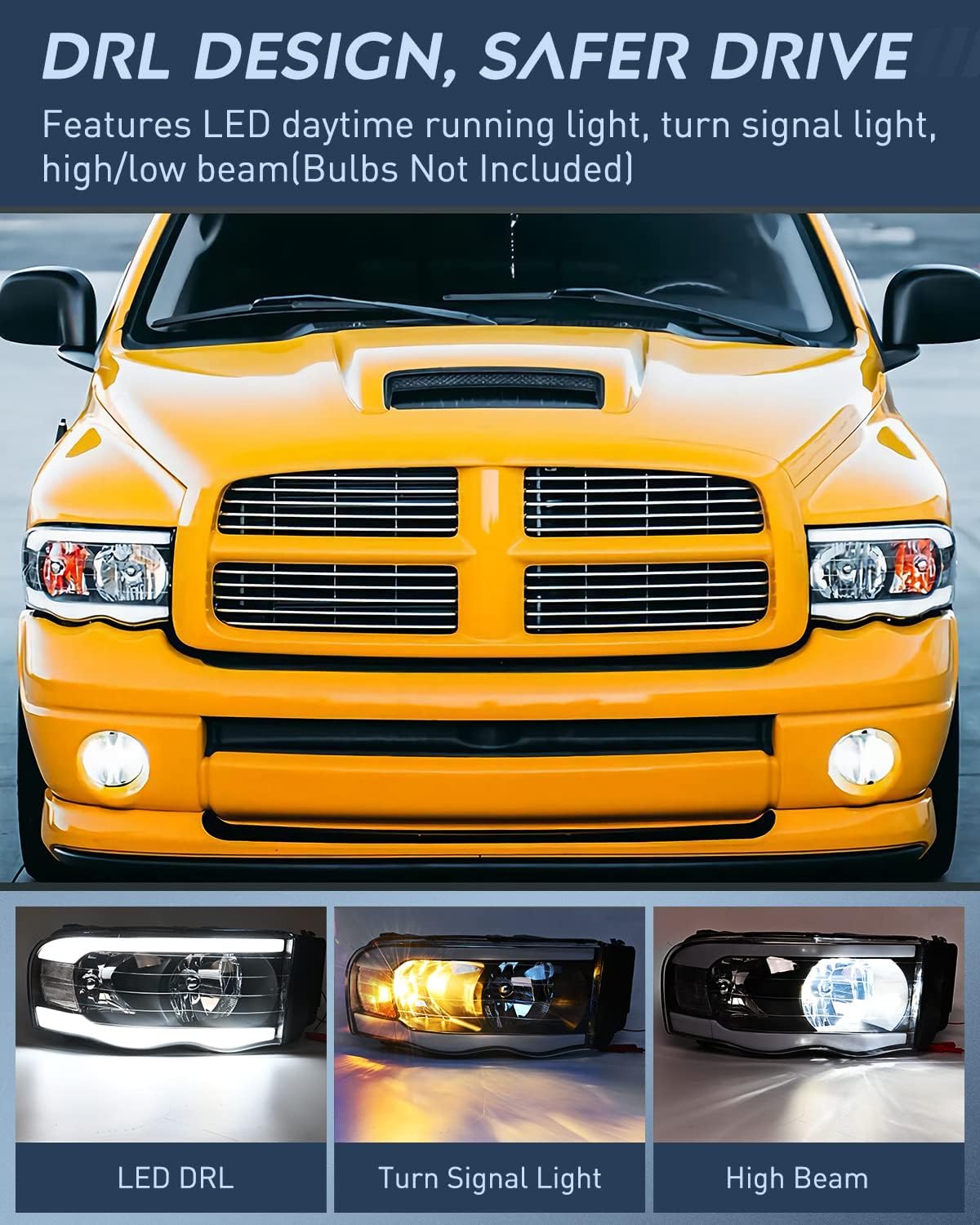 Thumbnail 5 de Nilight LED DRL Headlight Assembly (Black Housing + Clear Reflector) for 2002–2005 Dodge Ram 1500/2500/3500