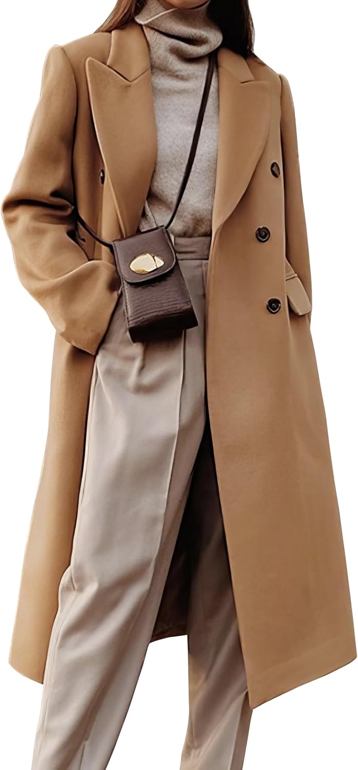 Detalle de IDEALSANXUN Women's Long Wool-Blend Peacoat, Double-Breasted, Below-Knee Length